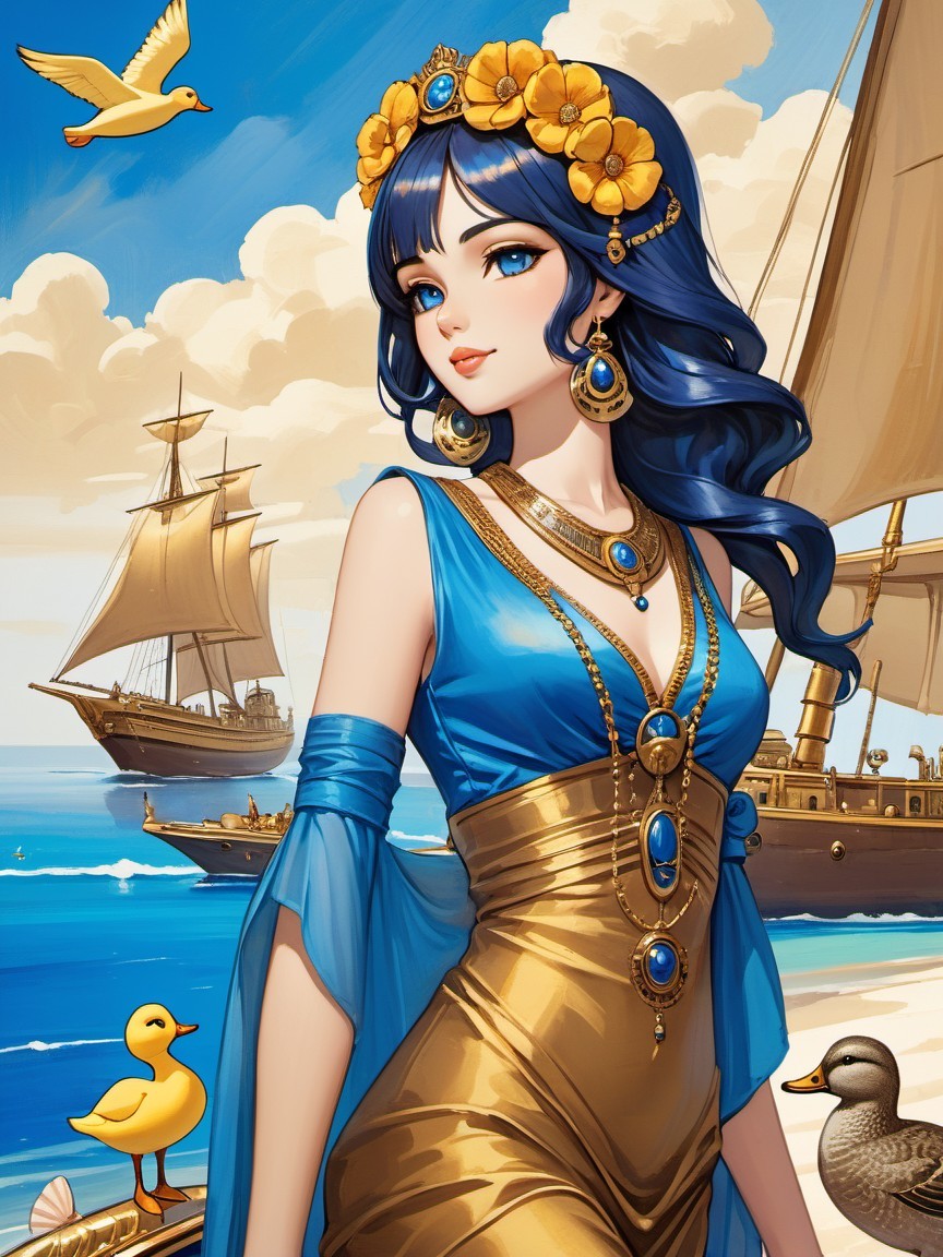 Coastal Scene with Woman in Blue and Sailing Ship