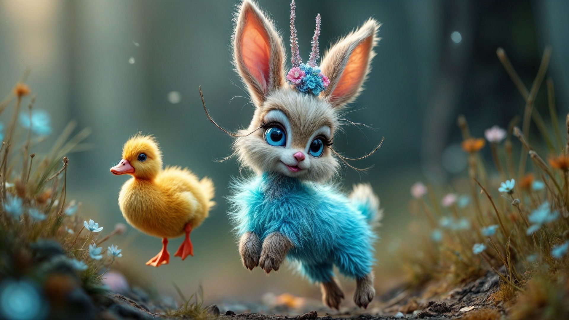 Playful Bunny and Duckling in a Colorful Meadow