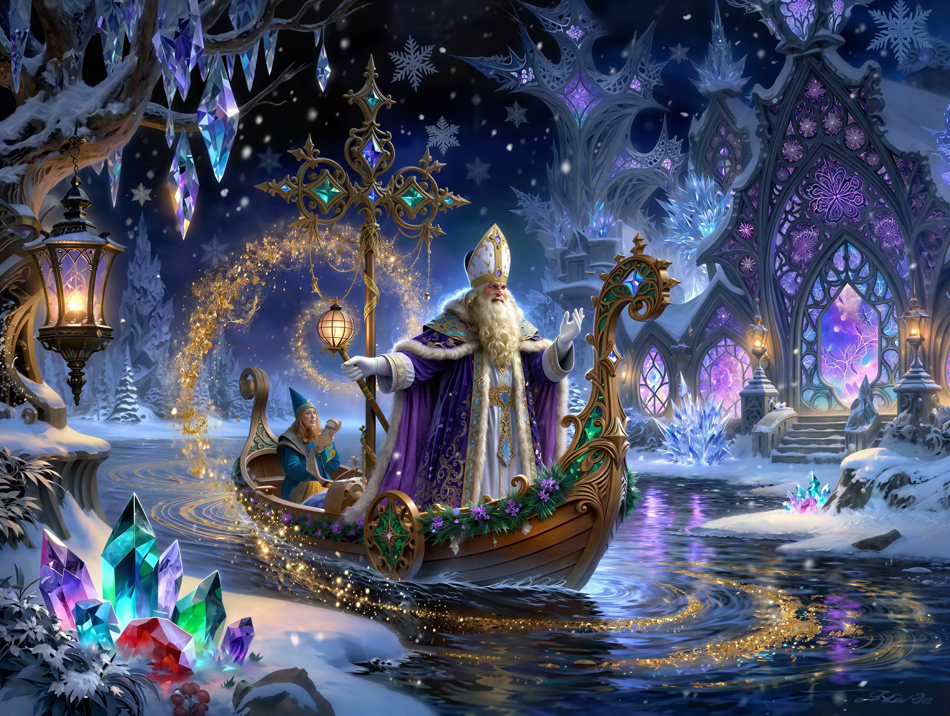 Saint in Robe on Boat with Elf in Enchanted River