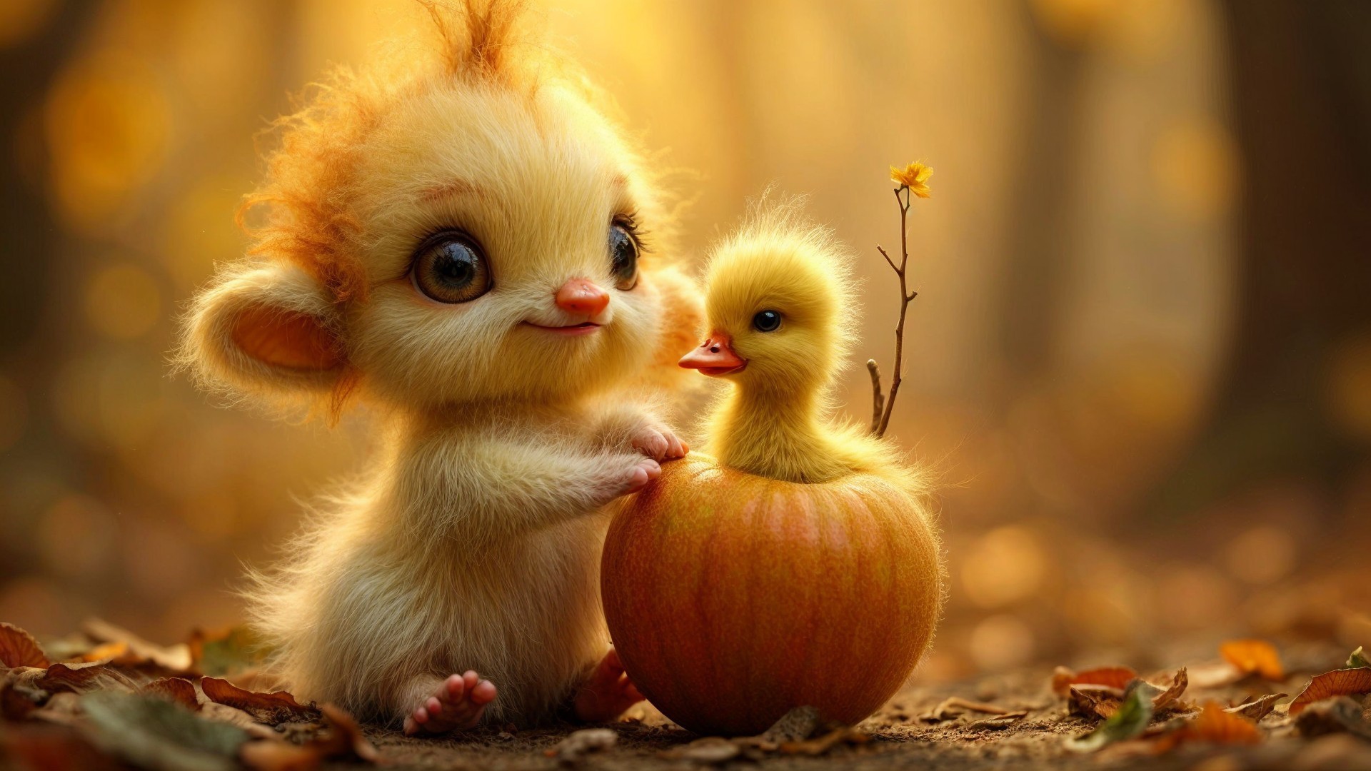 Fluffy Creature and Duckling by Orange Pumpkin in Autumn