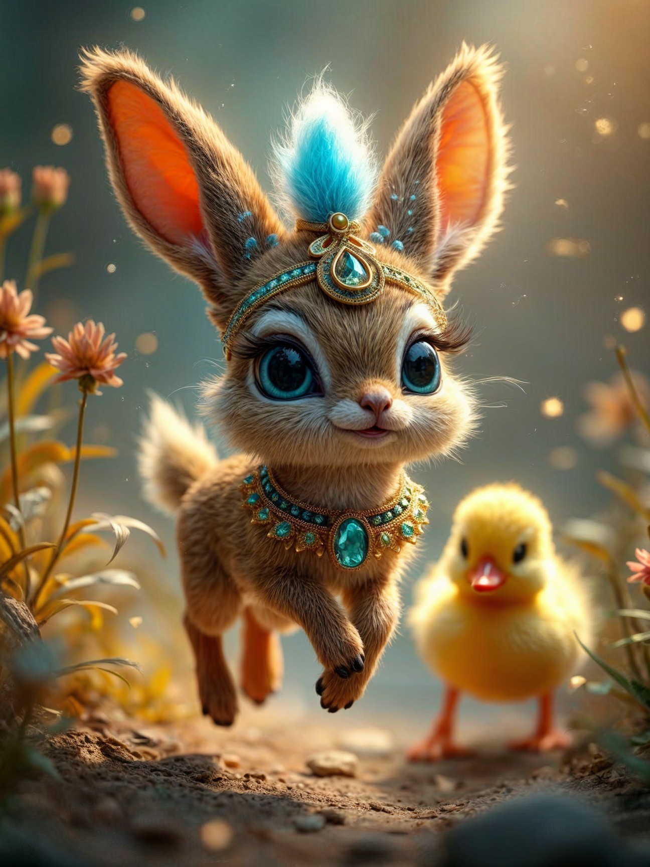 Whimsical Bunny and Duckling in a Flower Field