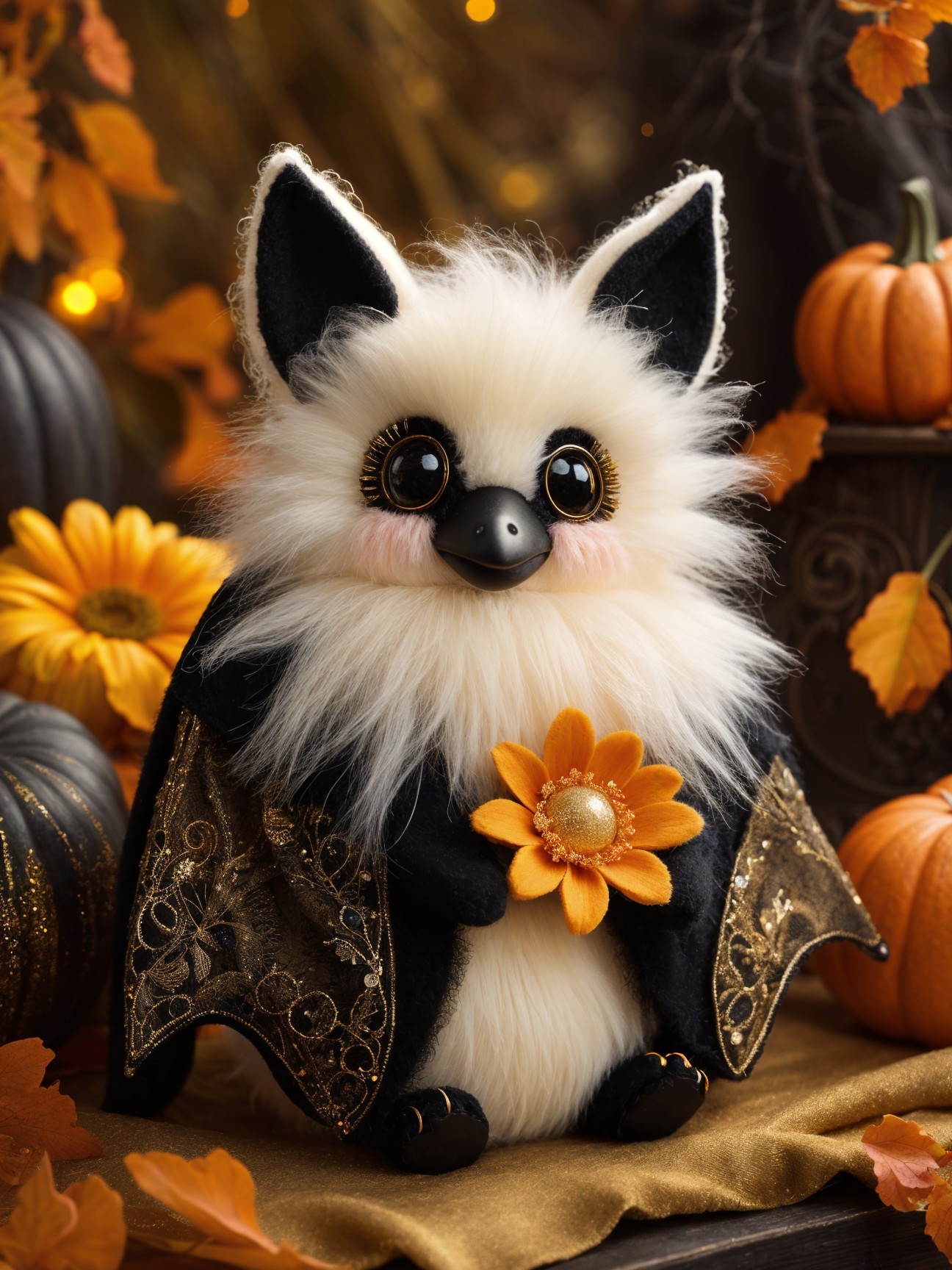 Plush Bat Character Surrounded by Autumn Decor