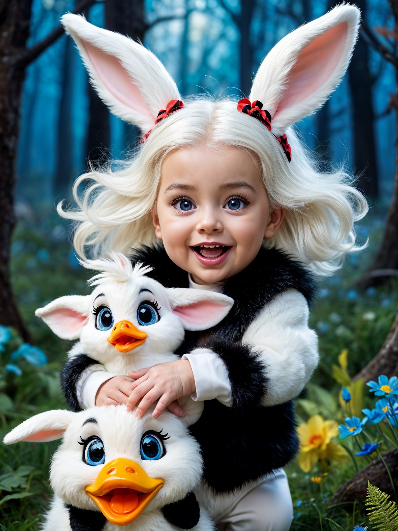 Joyful Child in Bunny Ears with Plush Ducklings in Forest