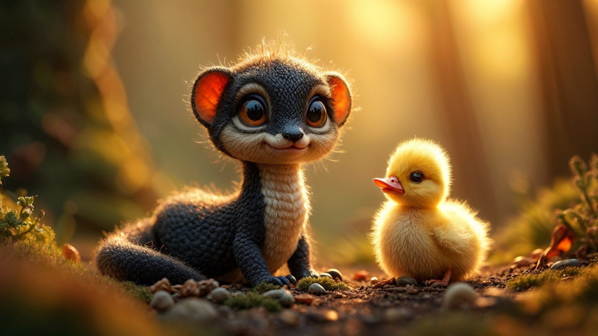 Whimsical Forest Scene with Furry Creature and Duckling