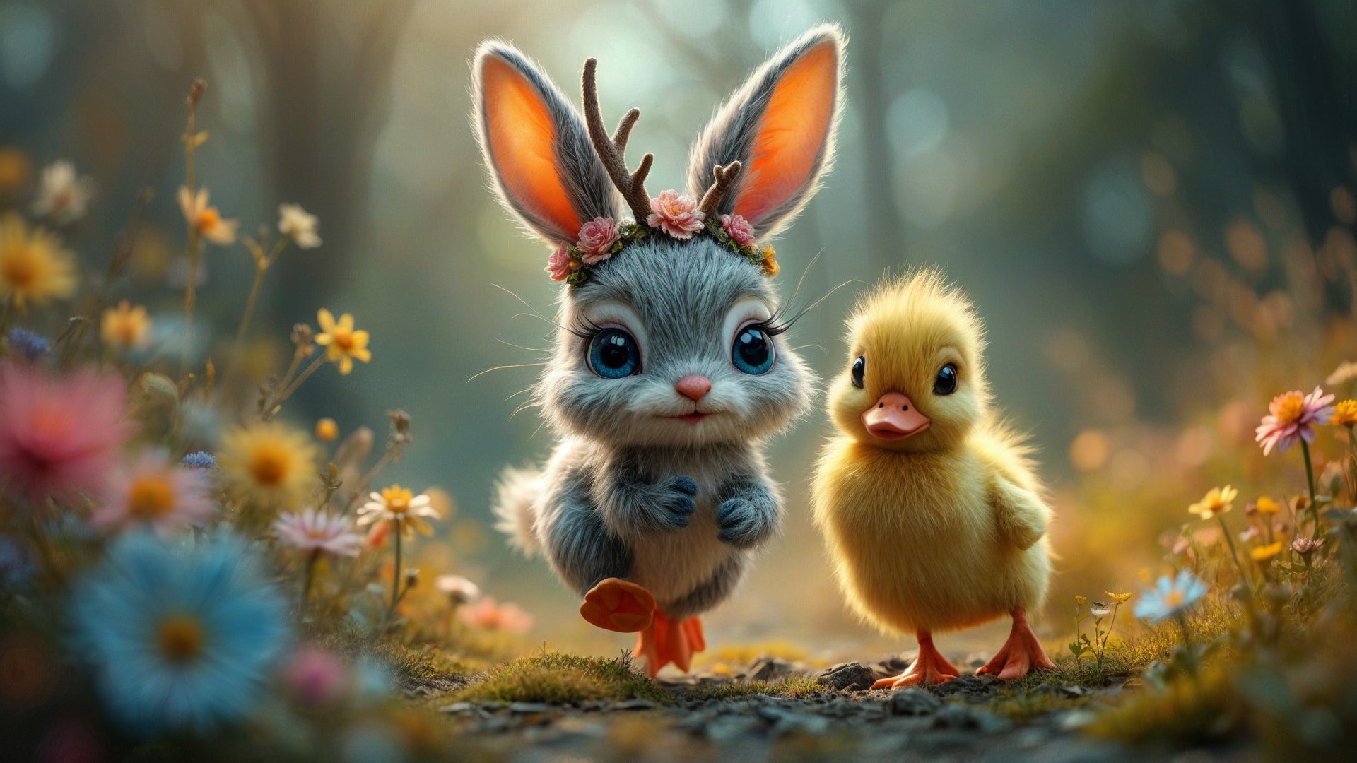 Bunny and Duckling in a Colorful Meadow Scene