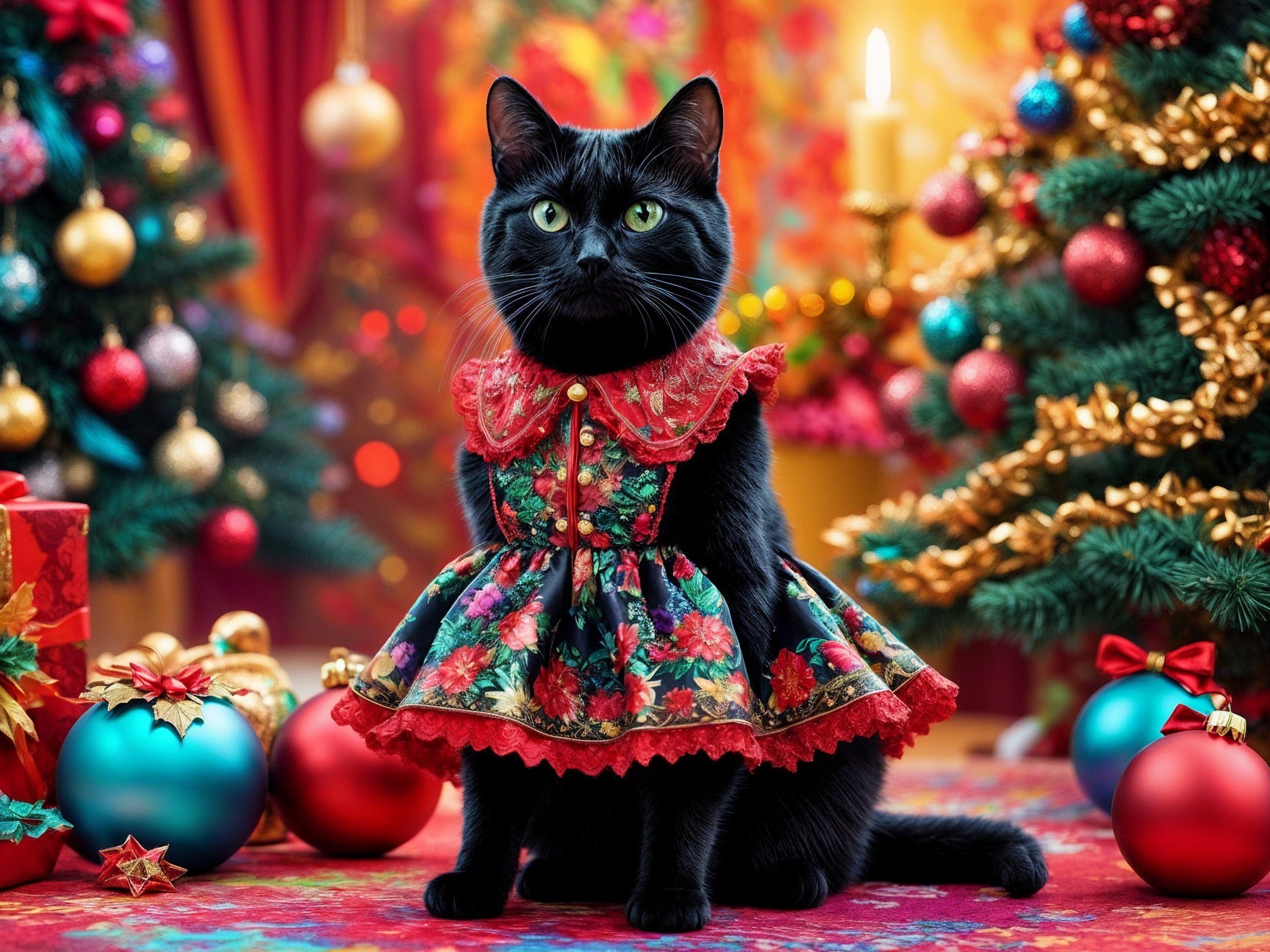 Black Cat in Floral Dress Amidst Holiday Decor