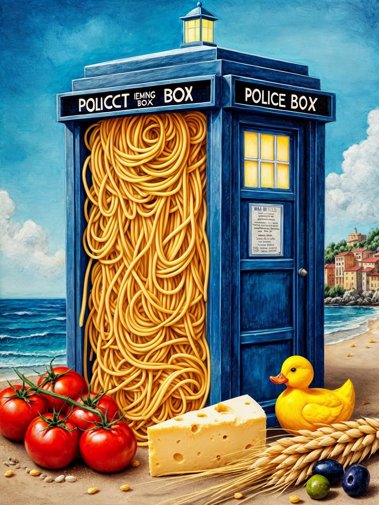 Whimsical Blue Police Box with Spaghetti and Beach Scene
