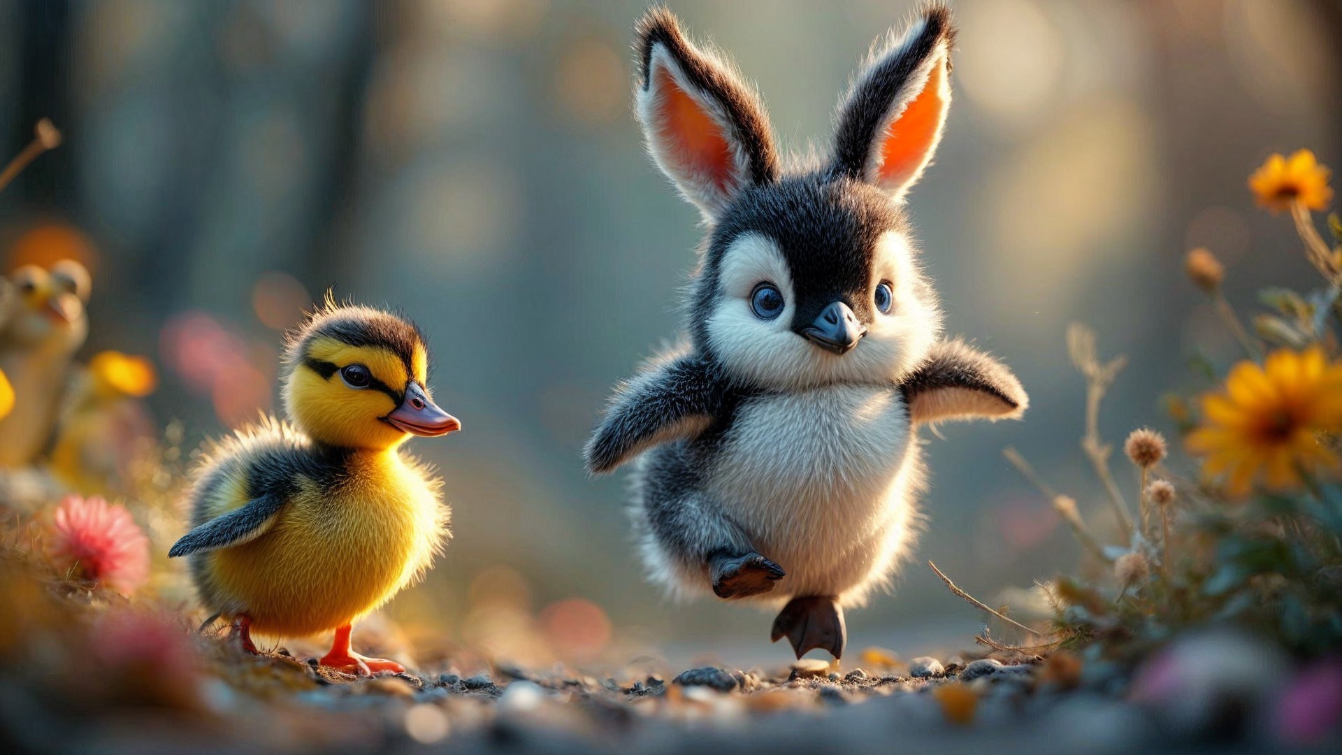 Fluffy Duckling and Bunny on Flower-Lined Path