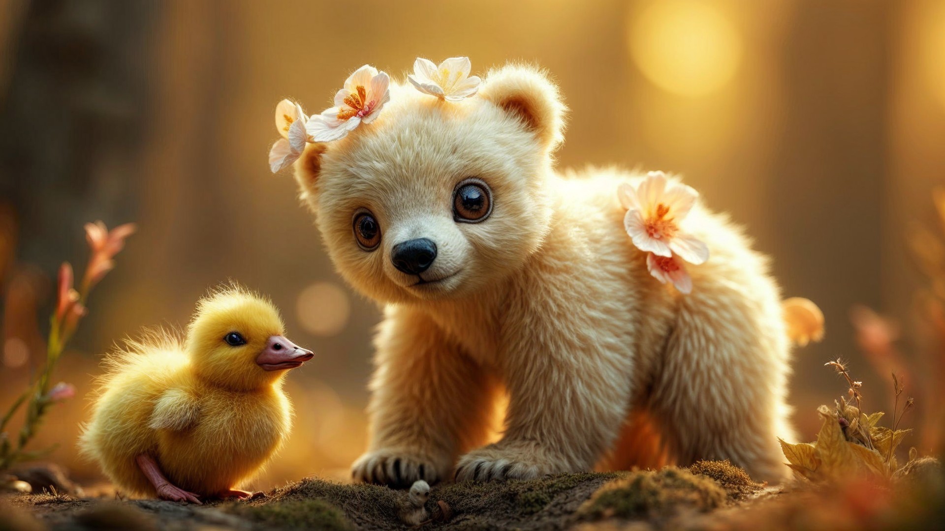 Fluffy Bear Cub and Duckling in Golden Forest Light