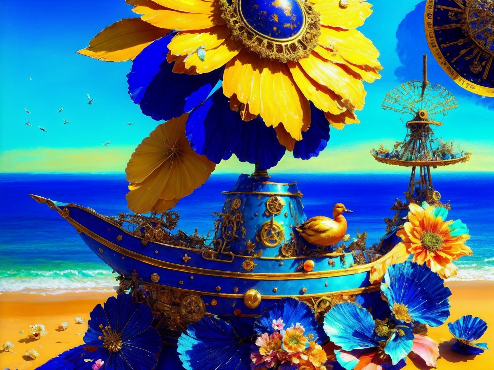 Surreal Beach Scene with Colorful Boat and Duck