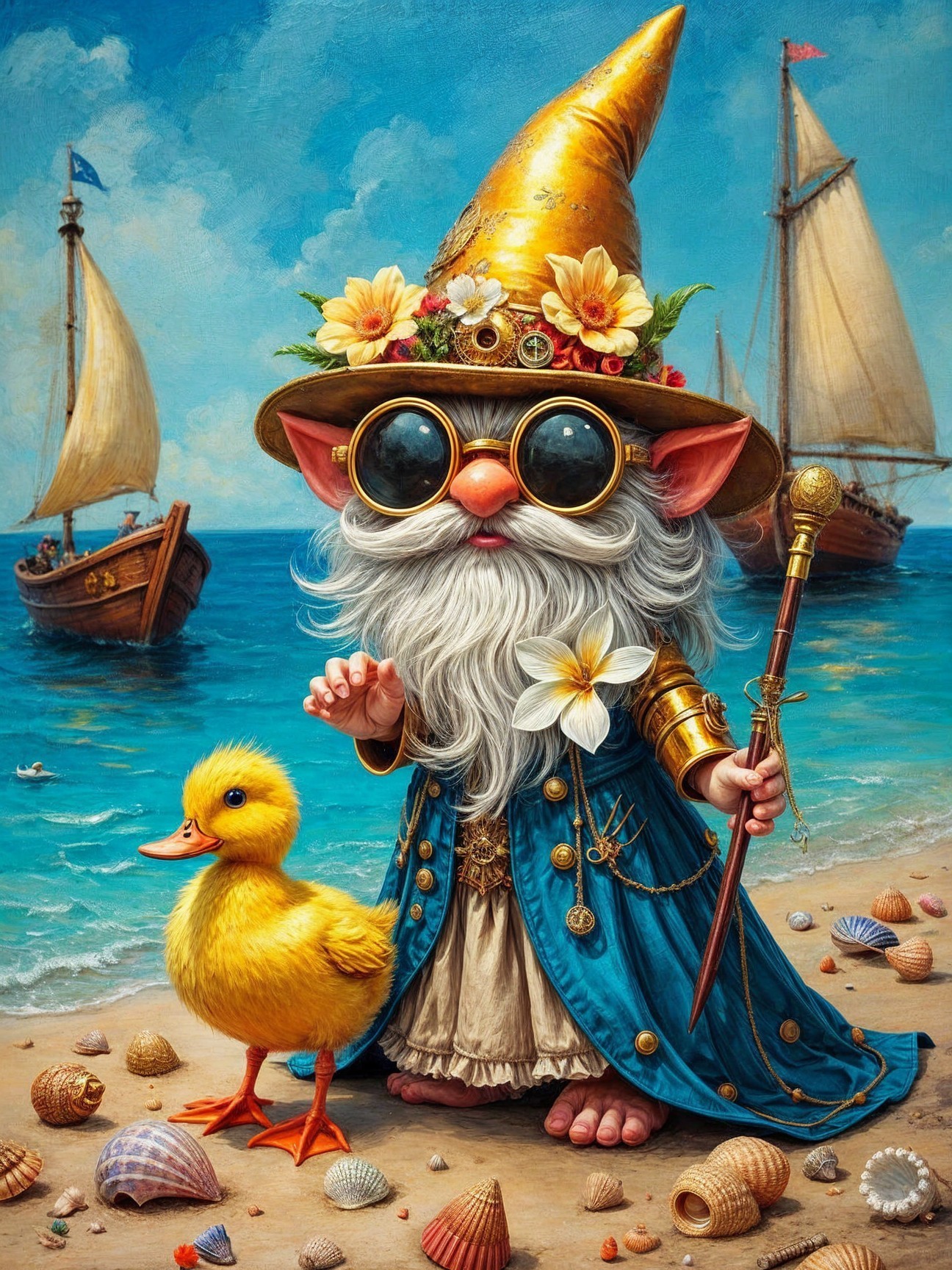 Whimsical gnome on beach with duckling and ships