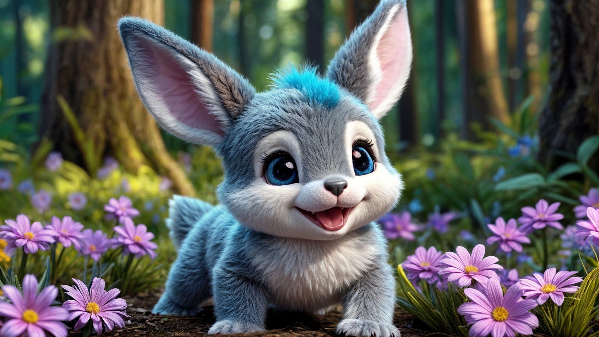 Cartoon Bunny Among Purple Flowers in Forest
