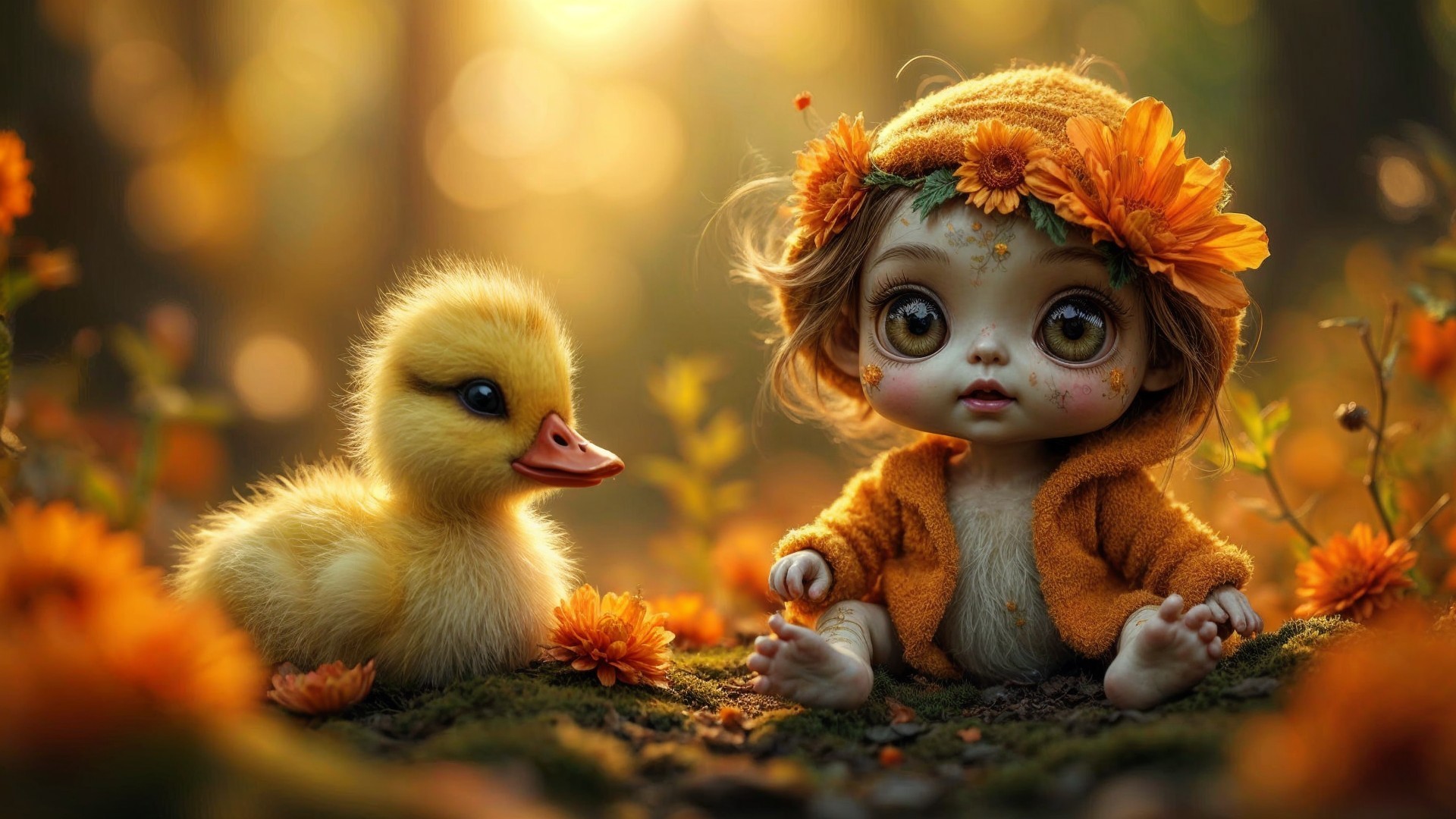 Whimsical Doll and Duckling in a Forest Setting