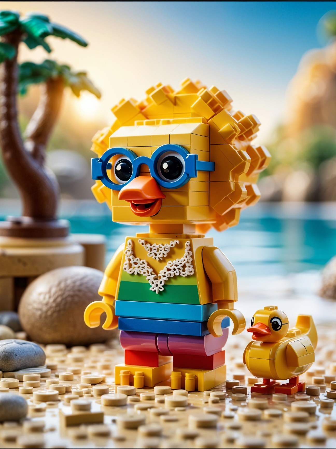 LEGO Figure of a Yellow Bird on a Beach Scene