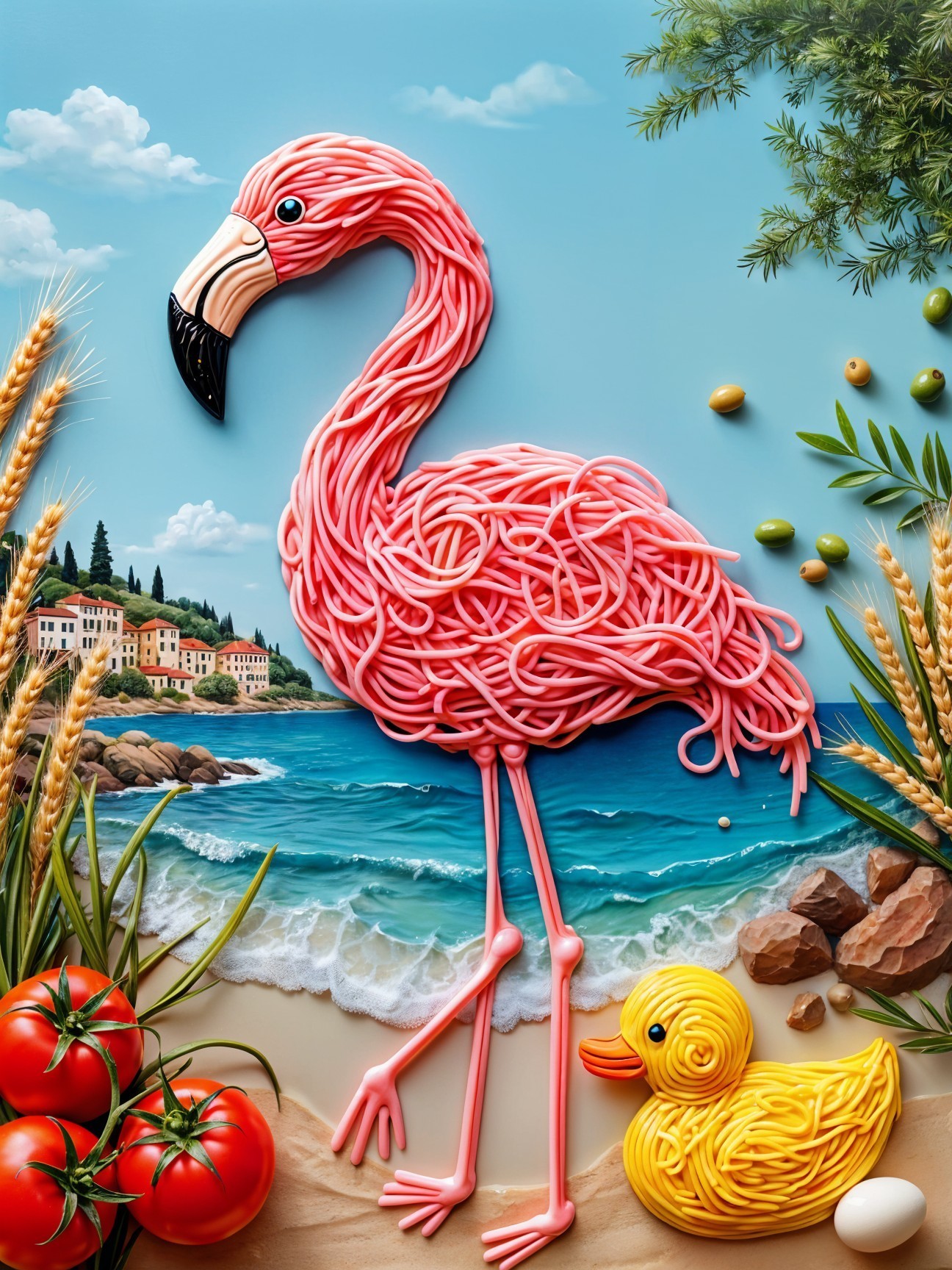 Flamingo and Duck Made of Pasta on Beach Scene