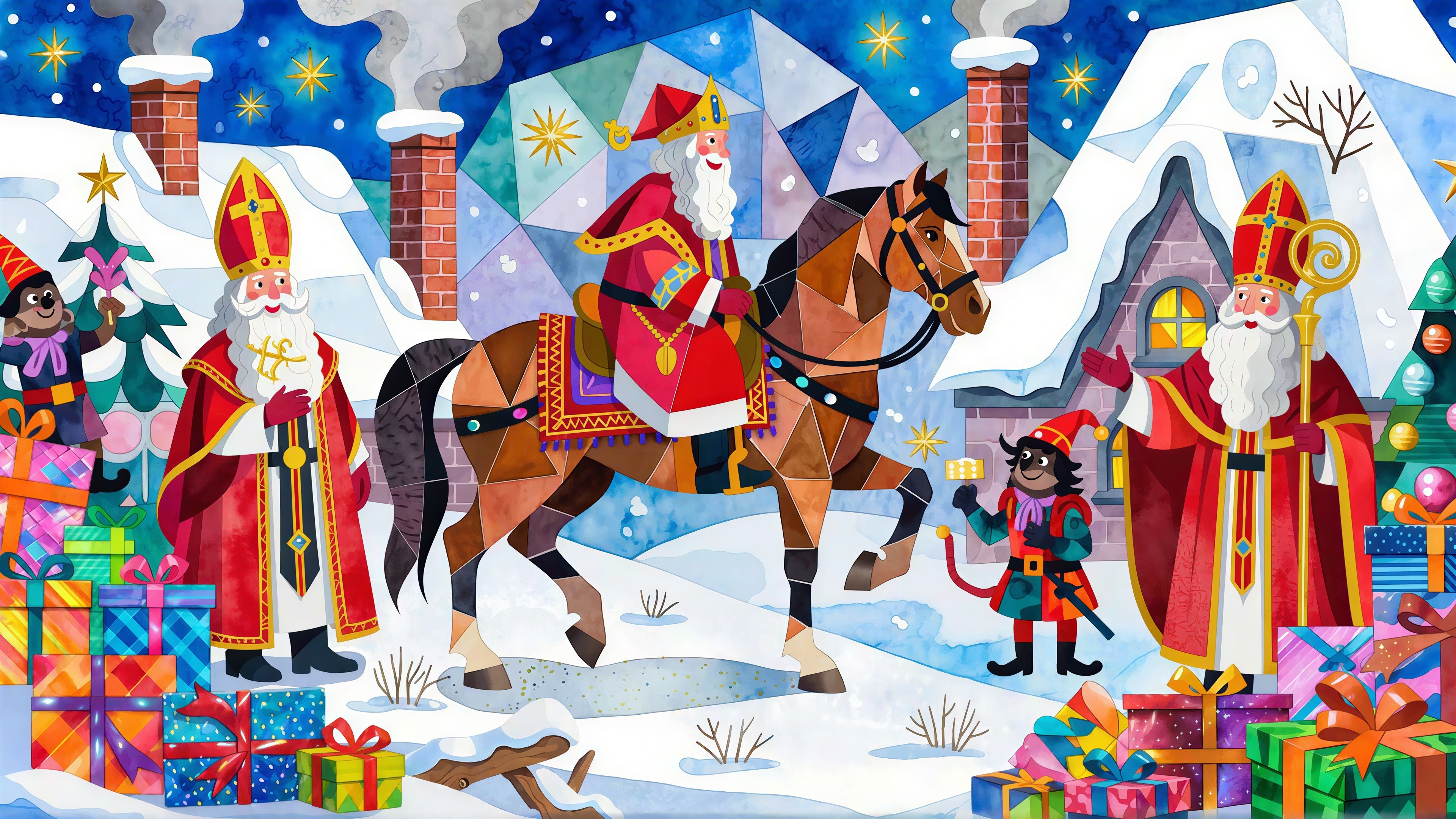Festive Winter Scene with Sinterklaas and Companions