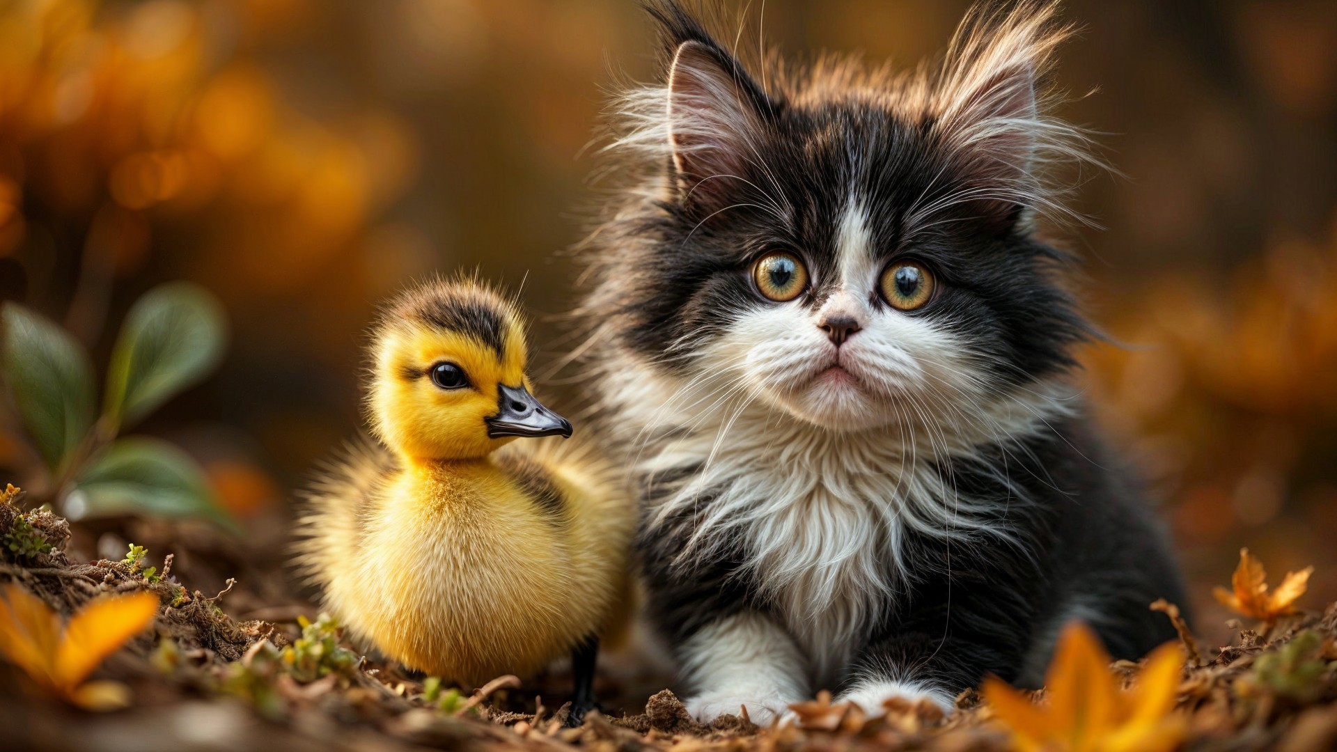 Fluffy Kitten and Duckling Among Autumn Leaves