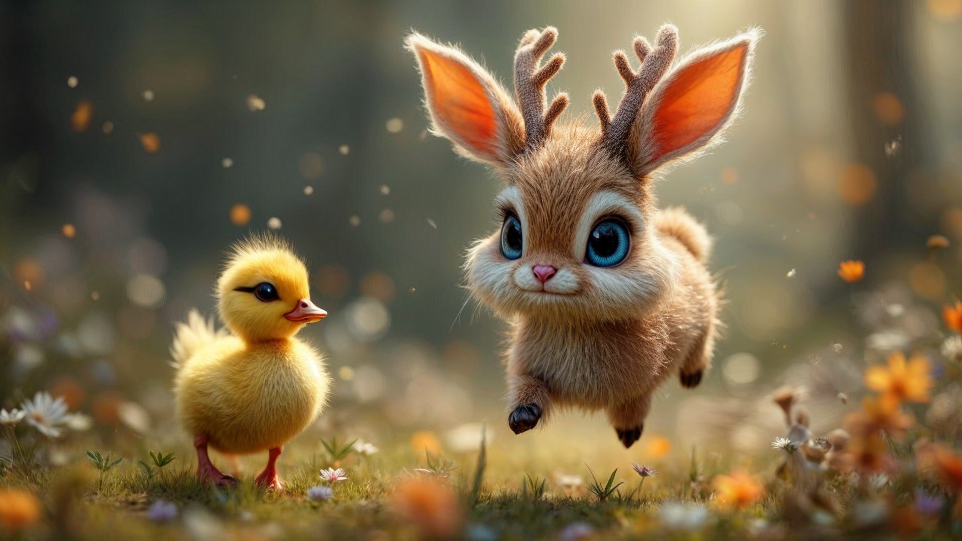 Fluffy Creature and Duckling in Enchanted Forest