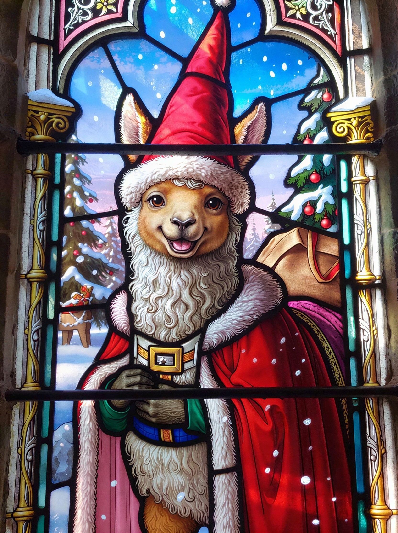 Stained Glass Window Featuring Santa Alpaca in Winter Scene