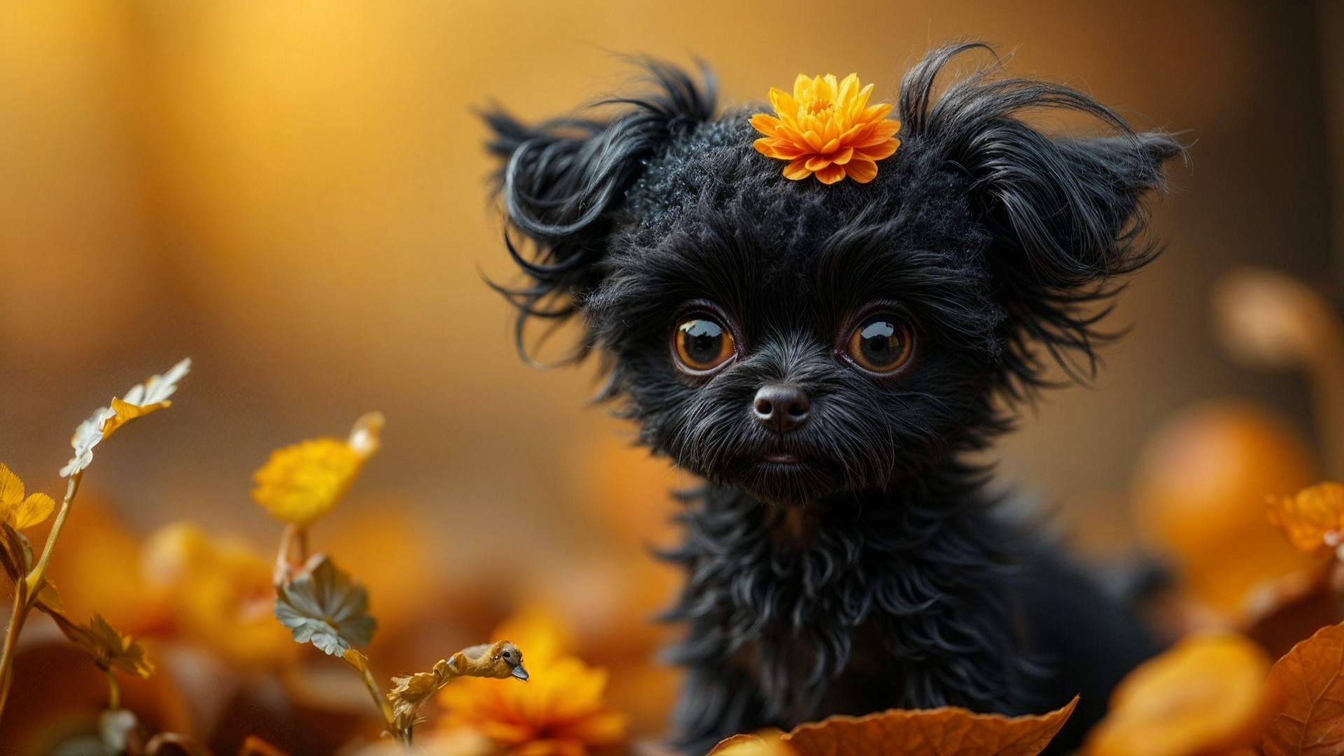 Black Dog with Flower Amidst Autumn Leaves