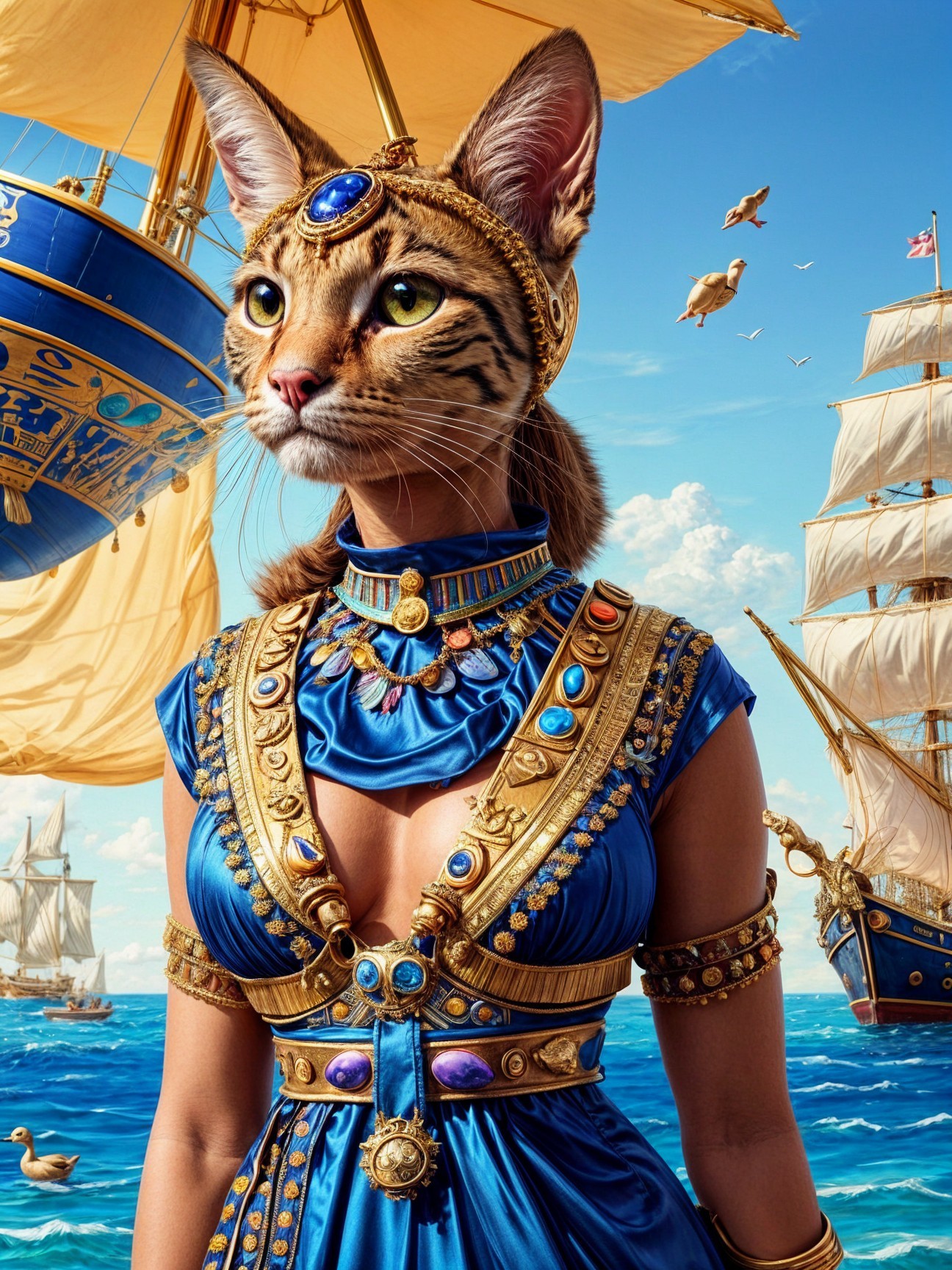 Majestic Cat-Headed Figure by Vibrant Sea and Ships