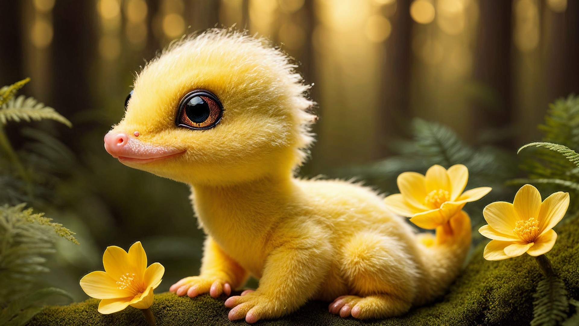 Fluffy Yellow Dinosaur-Like Creature in Forest Setting