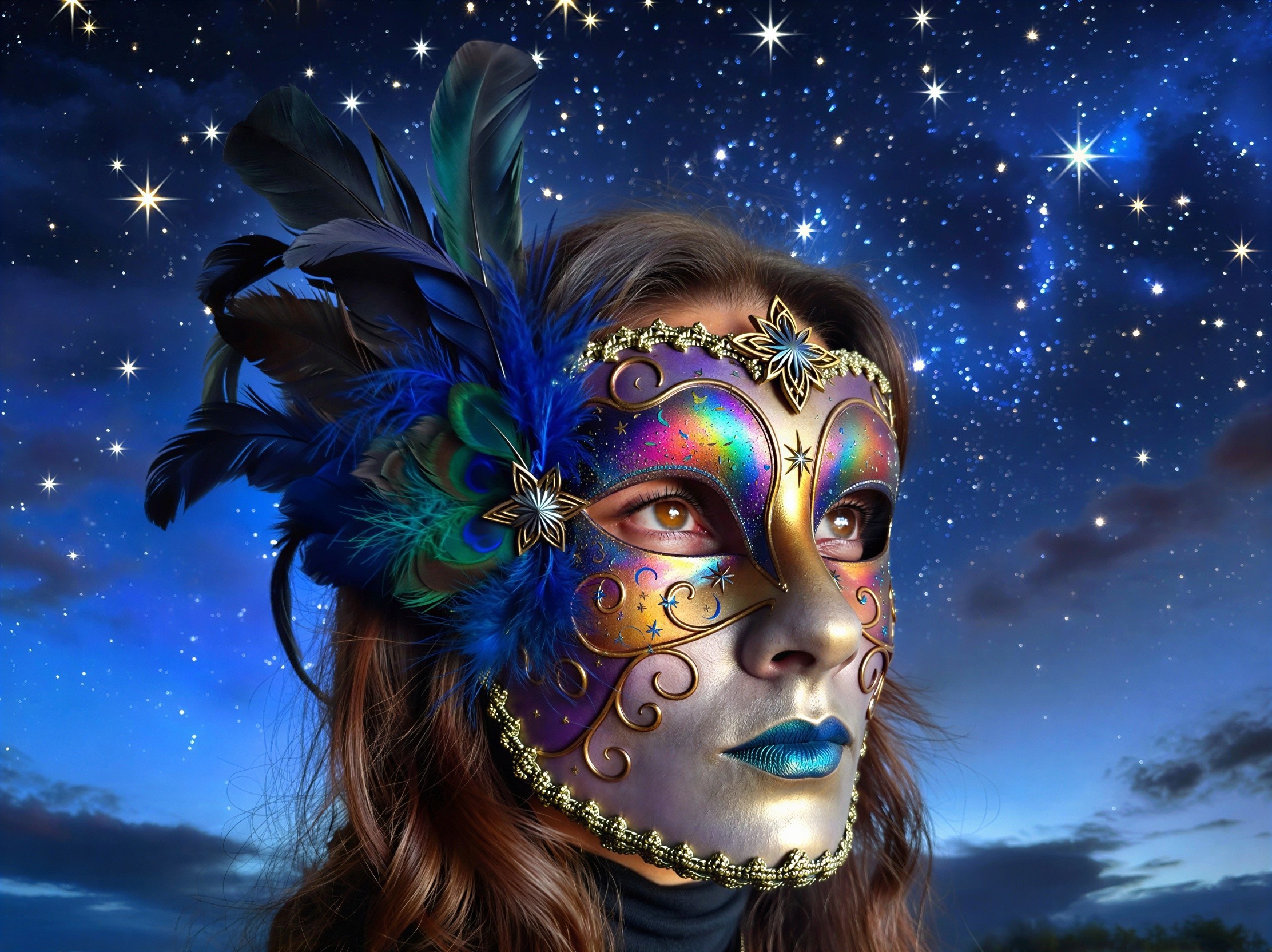 Close-up of a woman in a vibrant masquerade mask