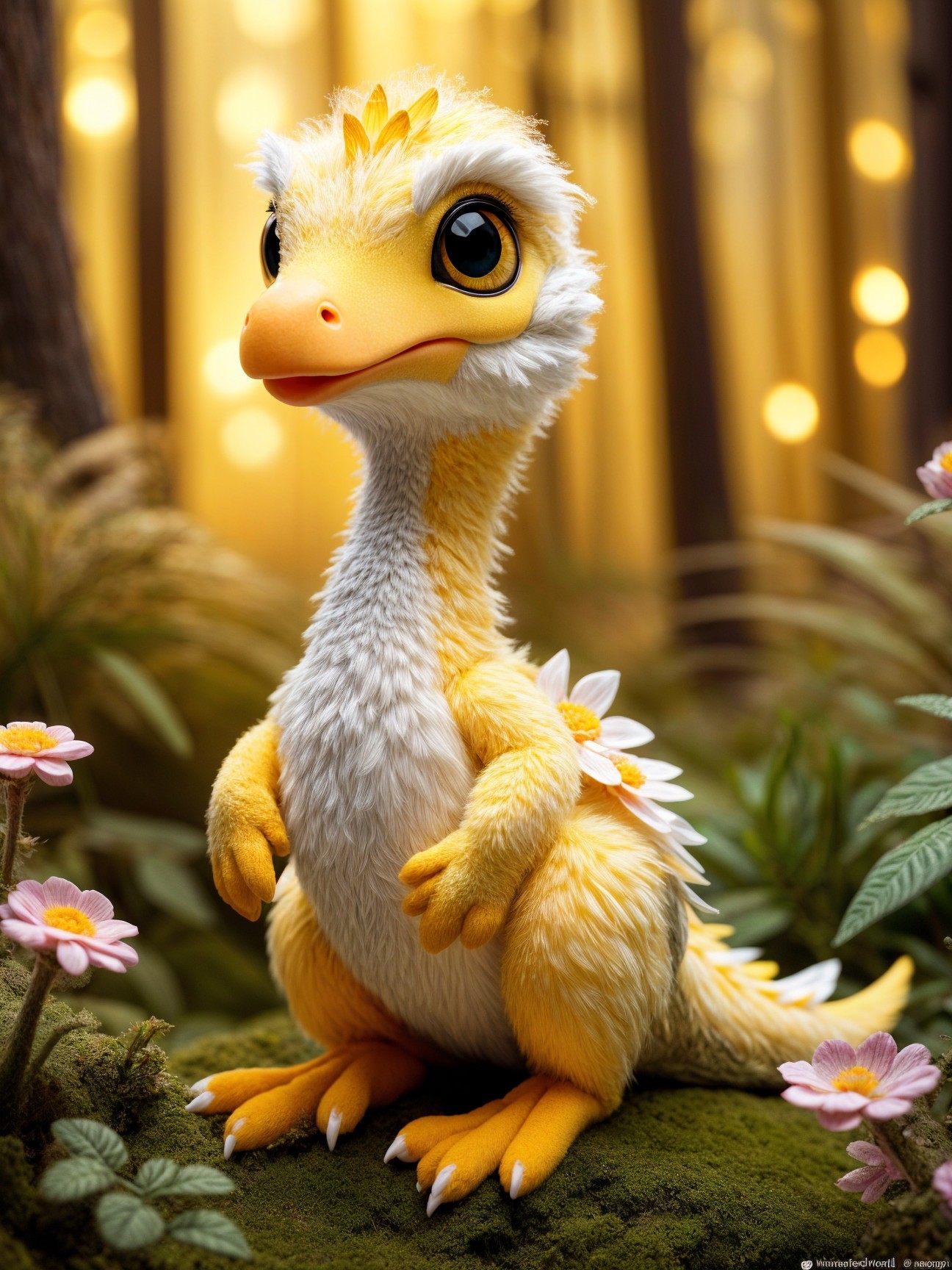 Whimsical Yellow Dinosaur Plushie in Green Forest