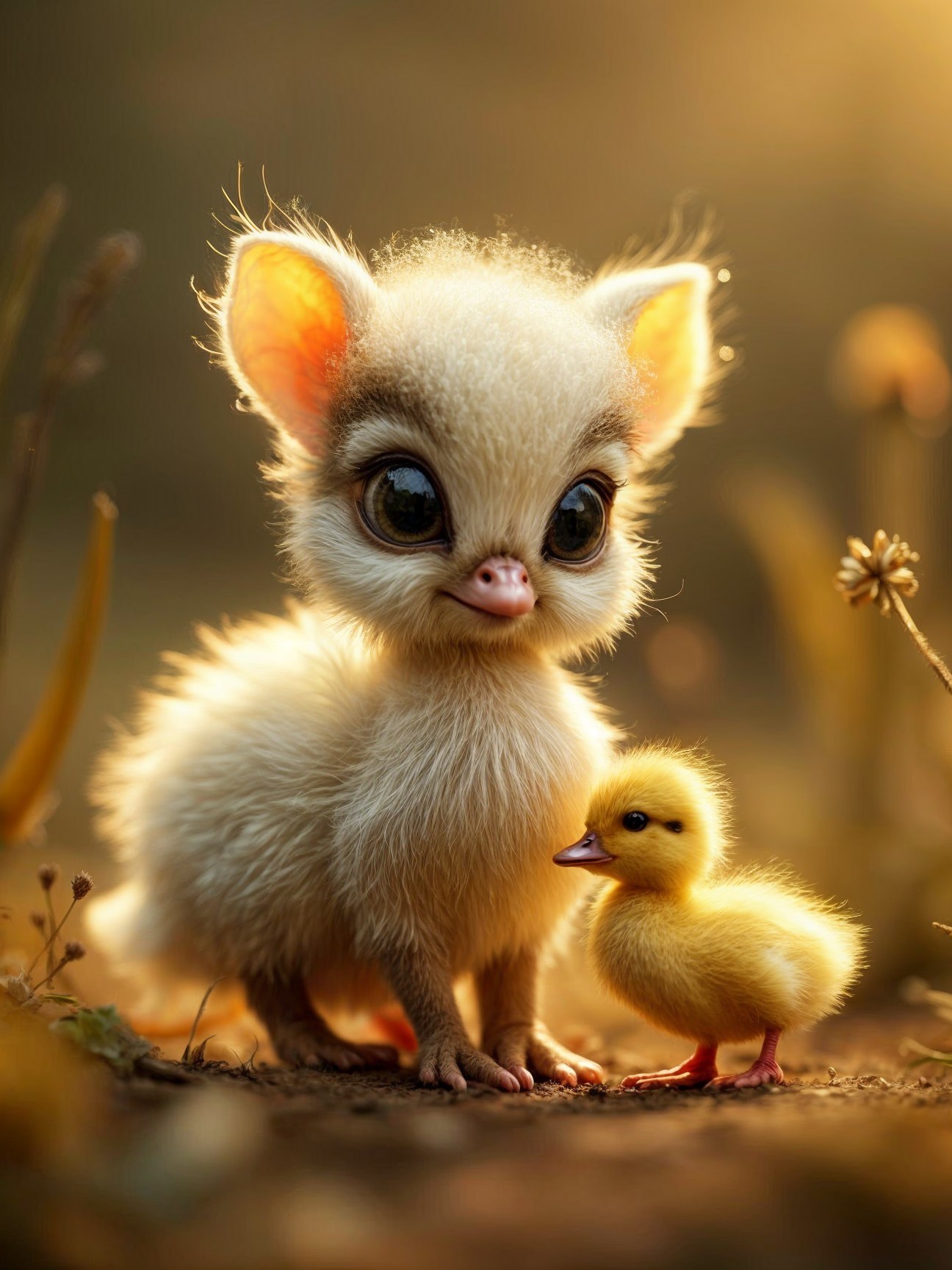 Fluffy Creature and Duckling in Enchanting Setting