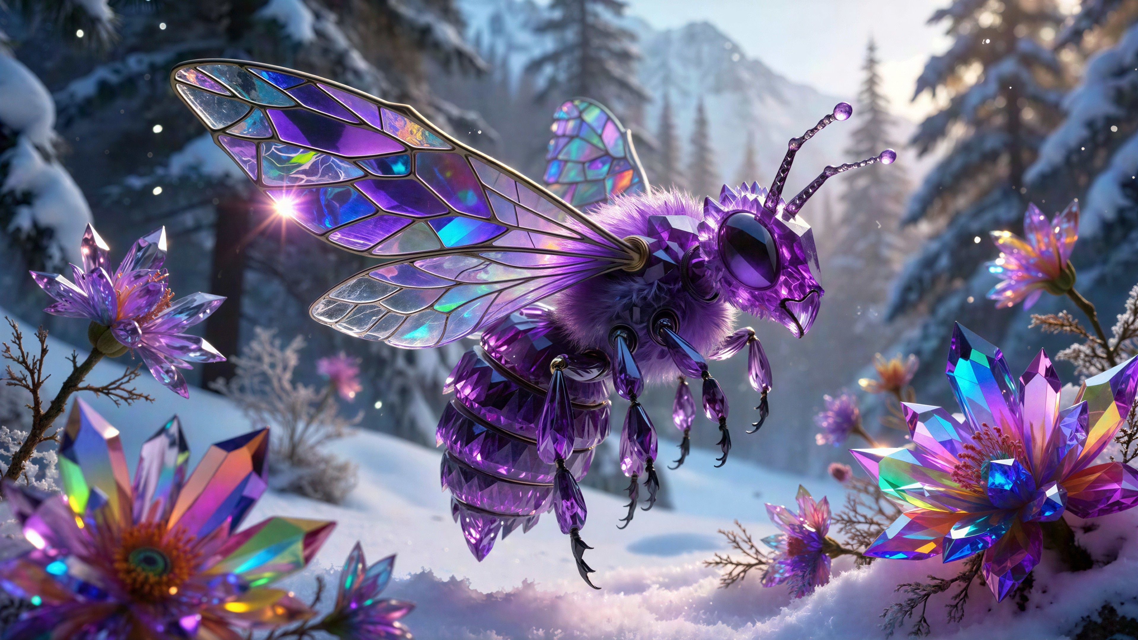 Vibrant Purple Crystal Bee Over Snowy Landscape