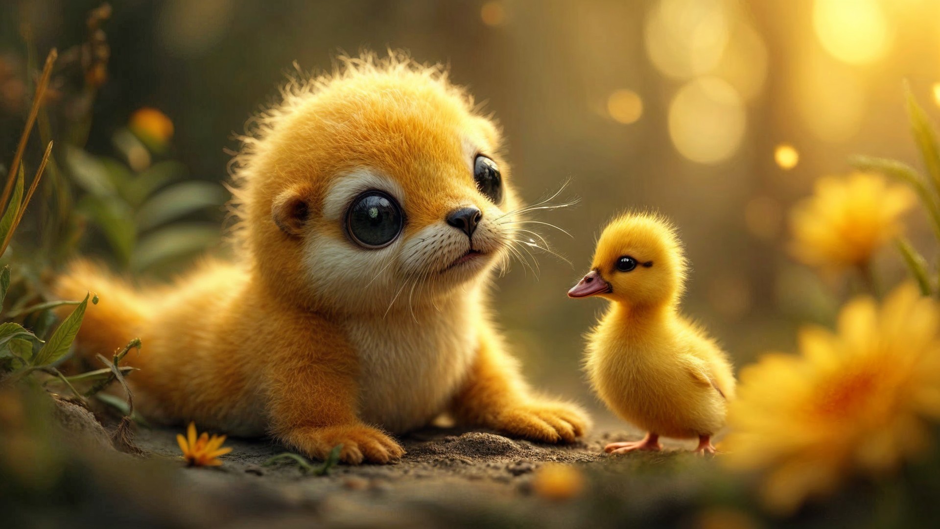 Fluffy Kitten and Duckling in Enchanting Forest