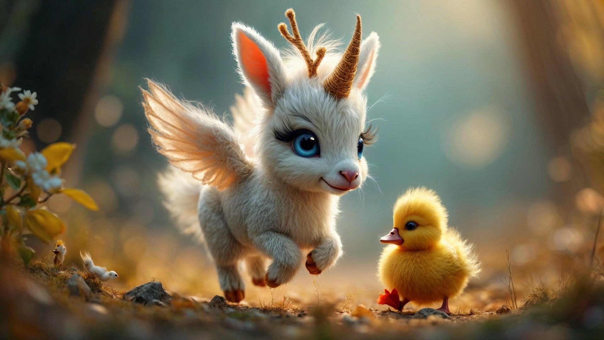 Whimsical Forest with Fluffy Creature and Duckling