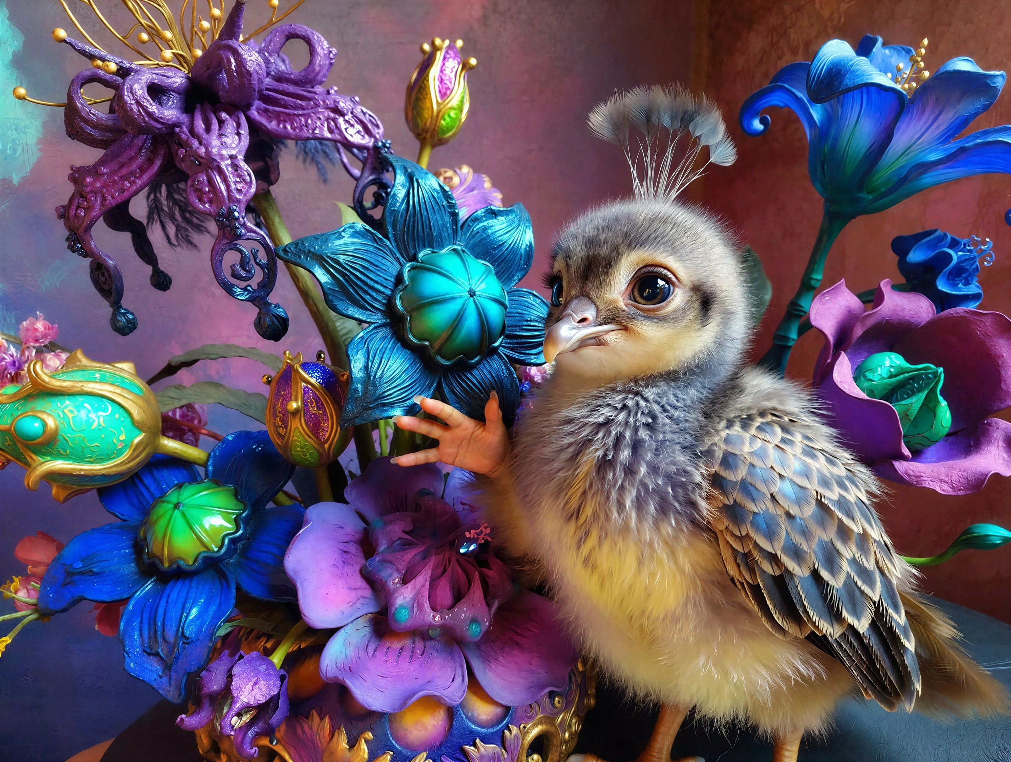 Realistic Taxidermy Baby Peacock Chick Among Flowers