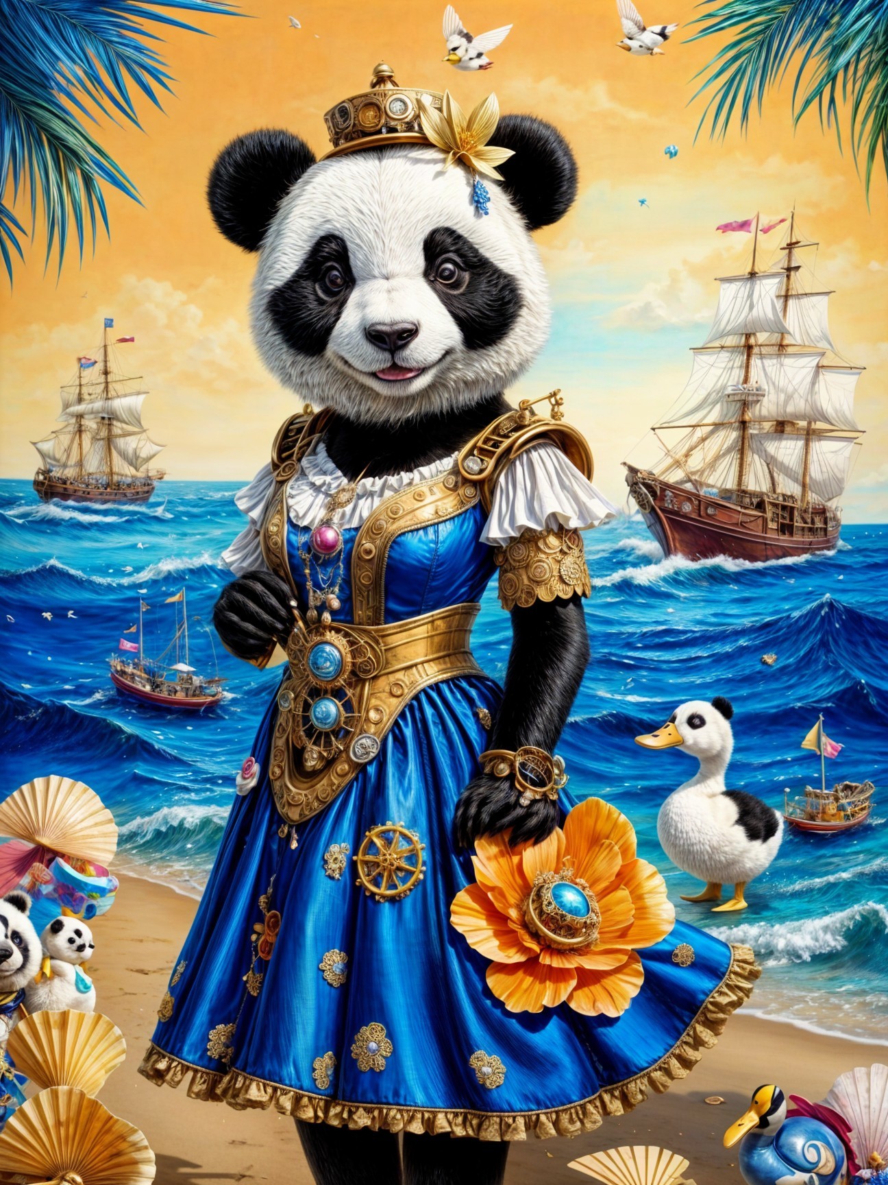 Panda in Royal Blue Gown on a Beach Scene