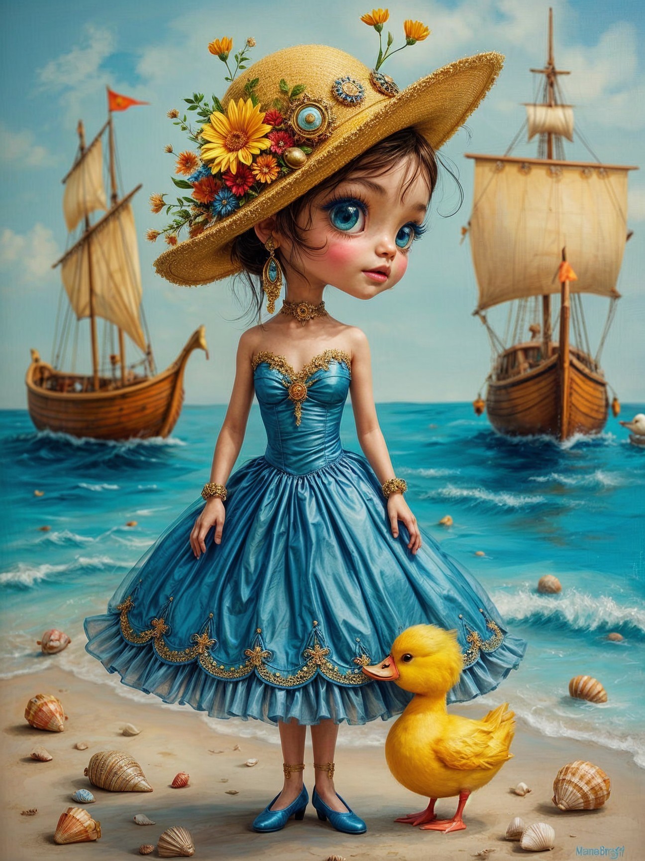 Whimsical Beach Scene with Girl and Duckling