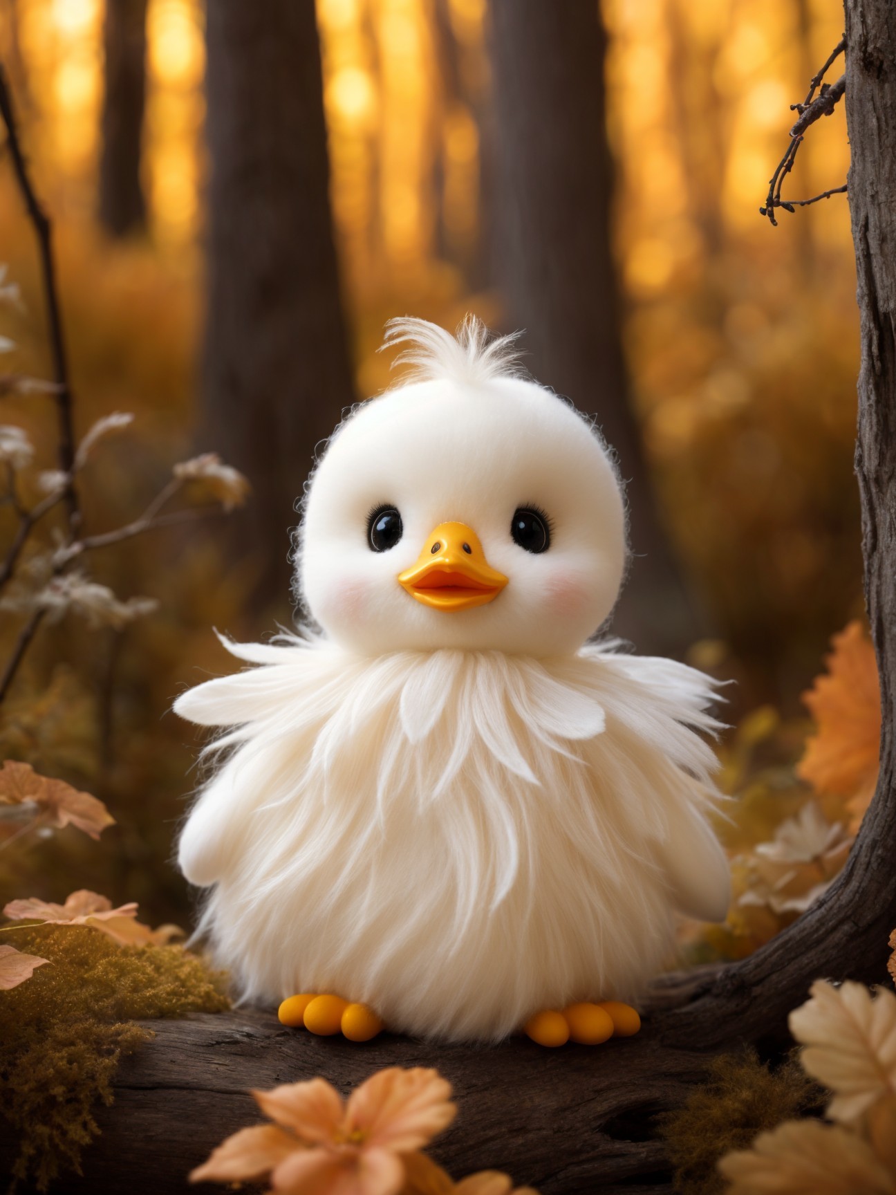 Fluffy Duckling on Log in Autumn Forest Setting