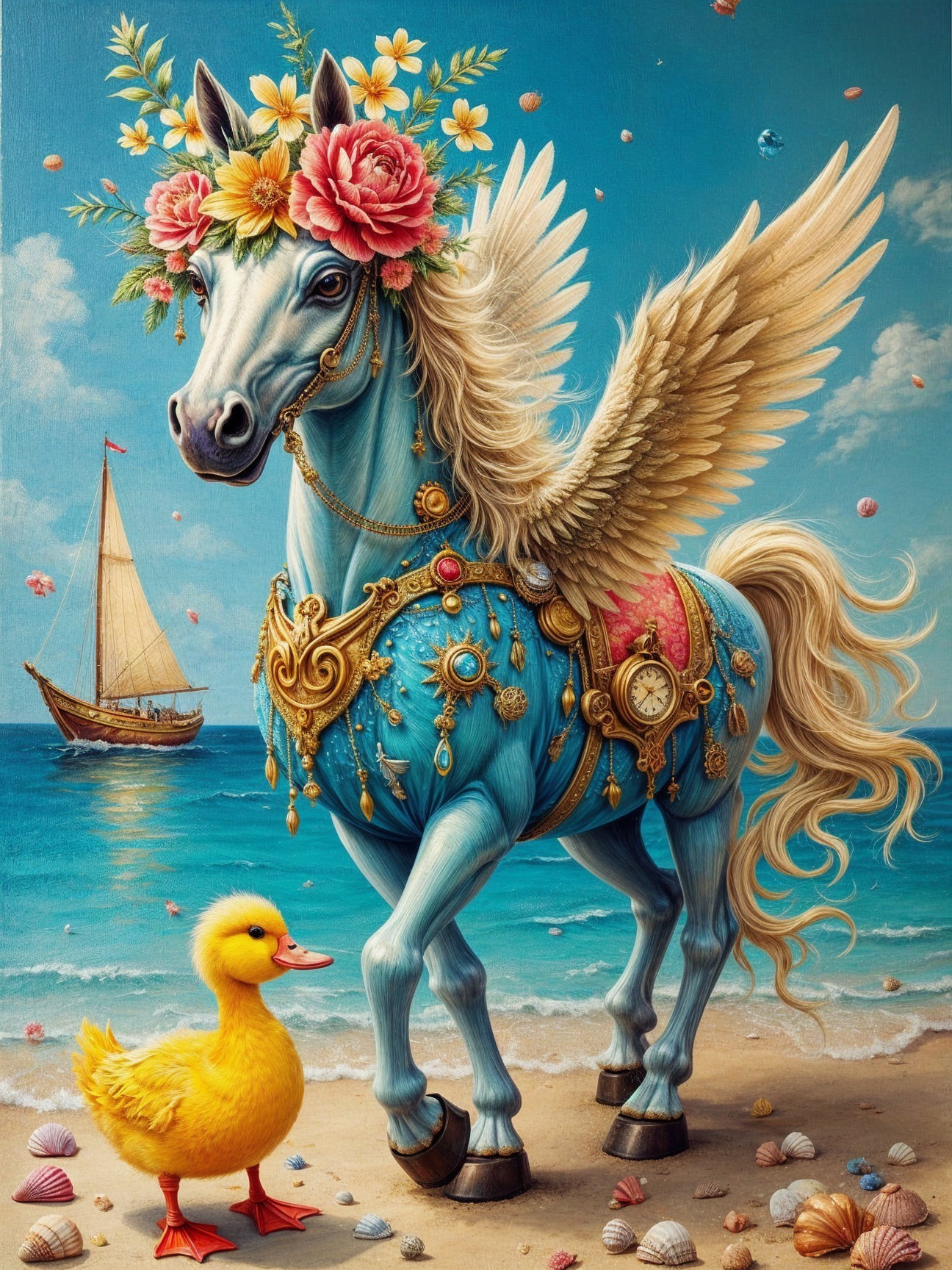 Whimsical Blue Winged Horse on Beach with Duck