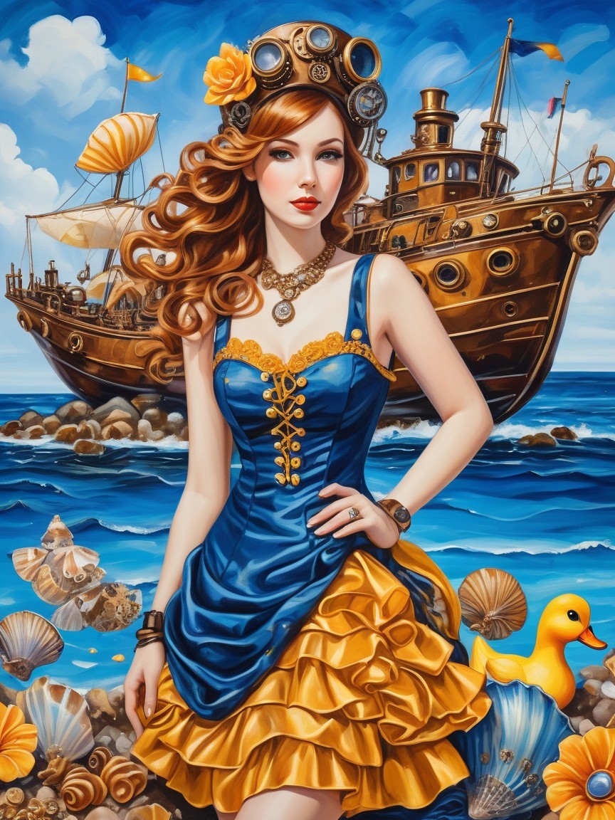 Steampunk Woman in Vibrant Seascape with Vintage Ship