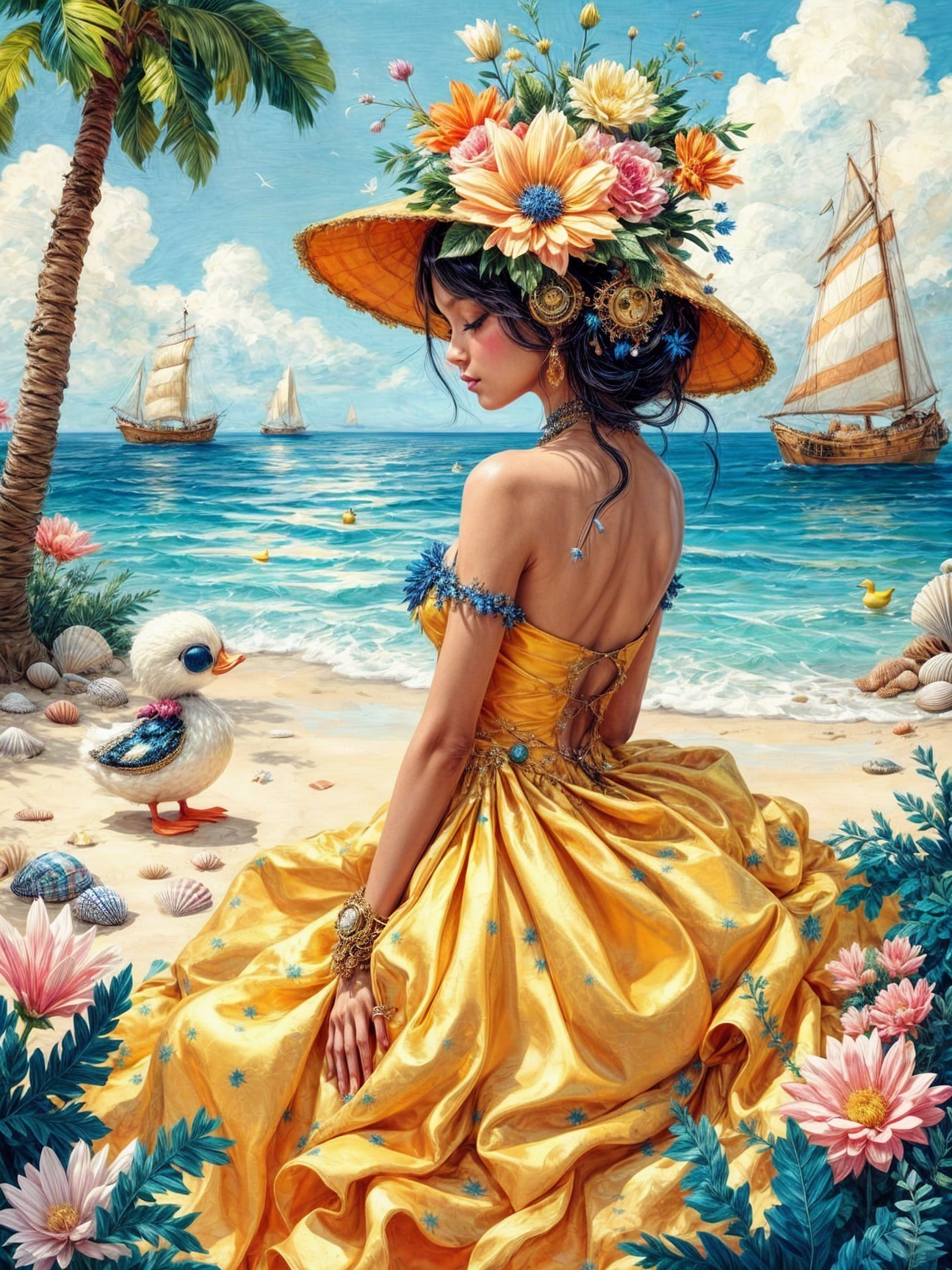 Young woman in yellow dress at beach with duckling
