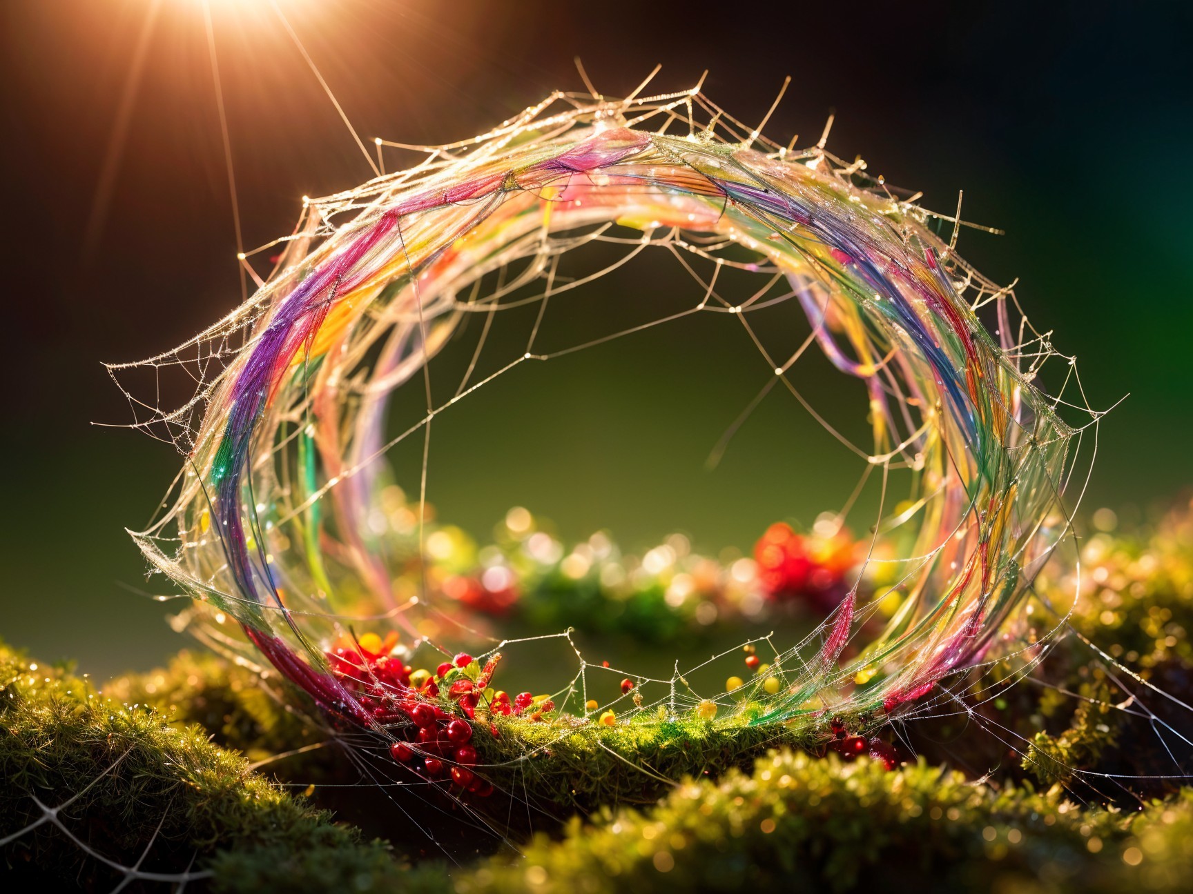 Colorful Threads and Spider Webs in Sunlit Nature