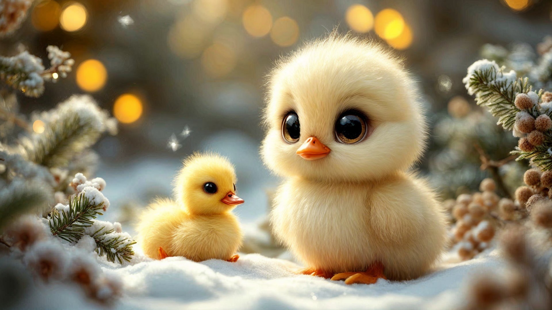 Fluffy Ducklings in a Winter Wonderland Scene