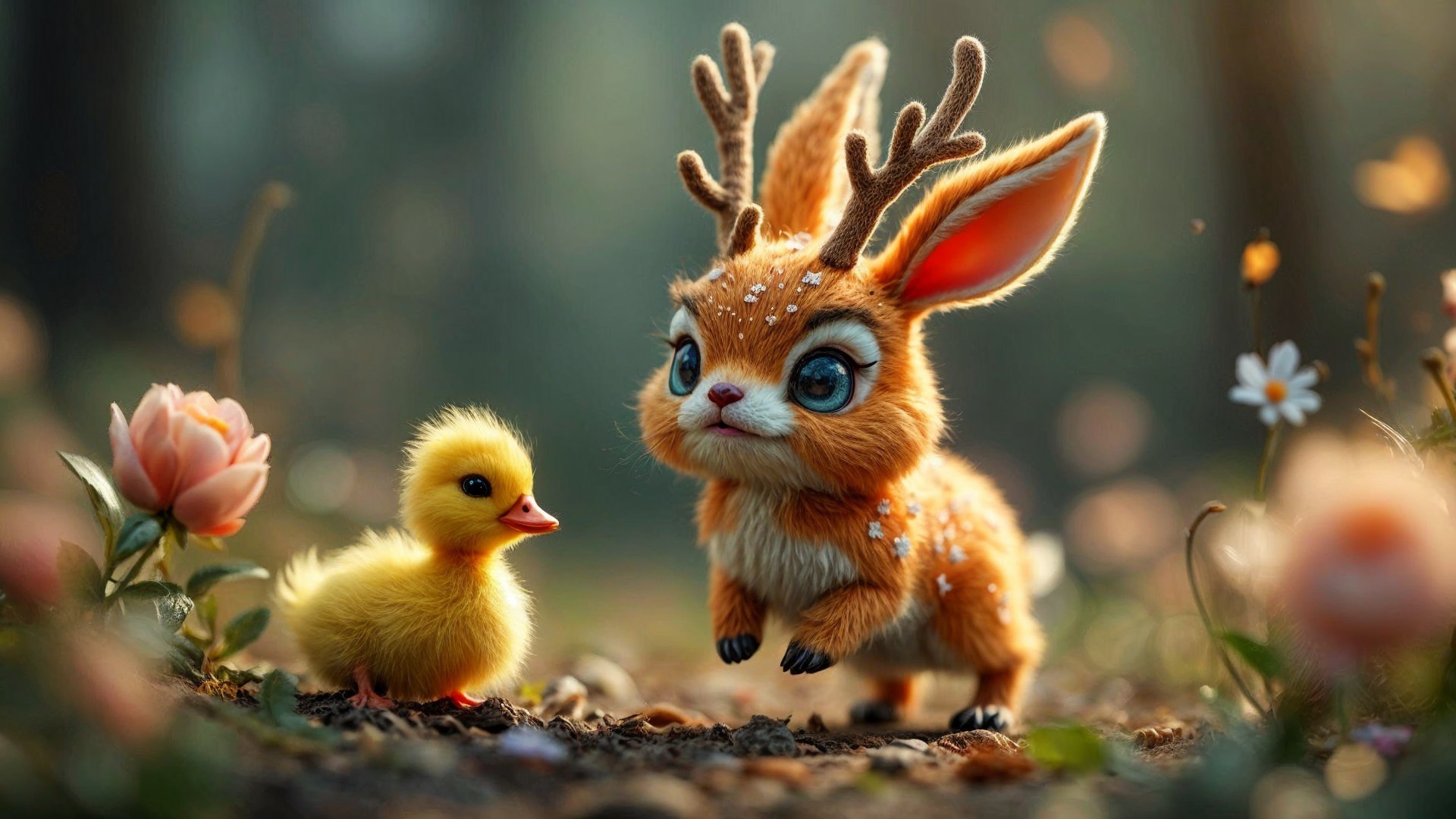 Animated young deer and duckling in vibrant forest