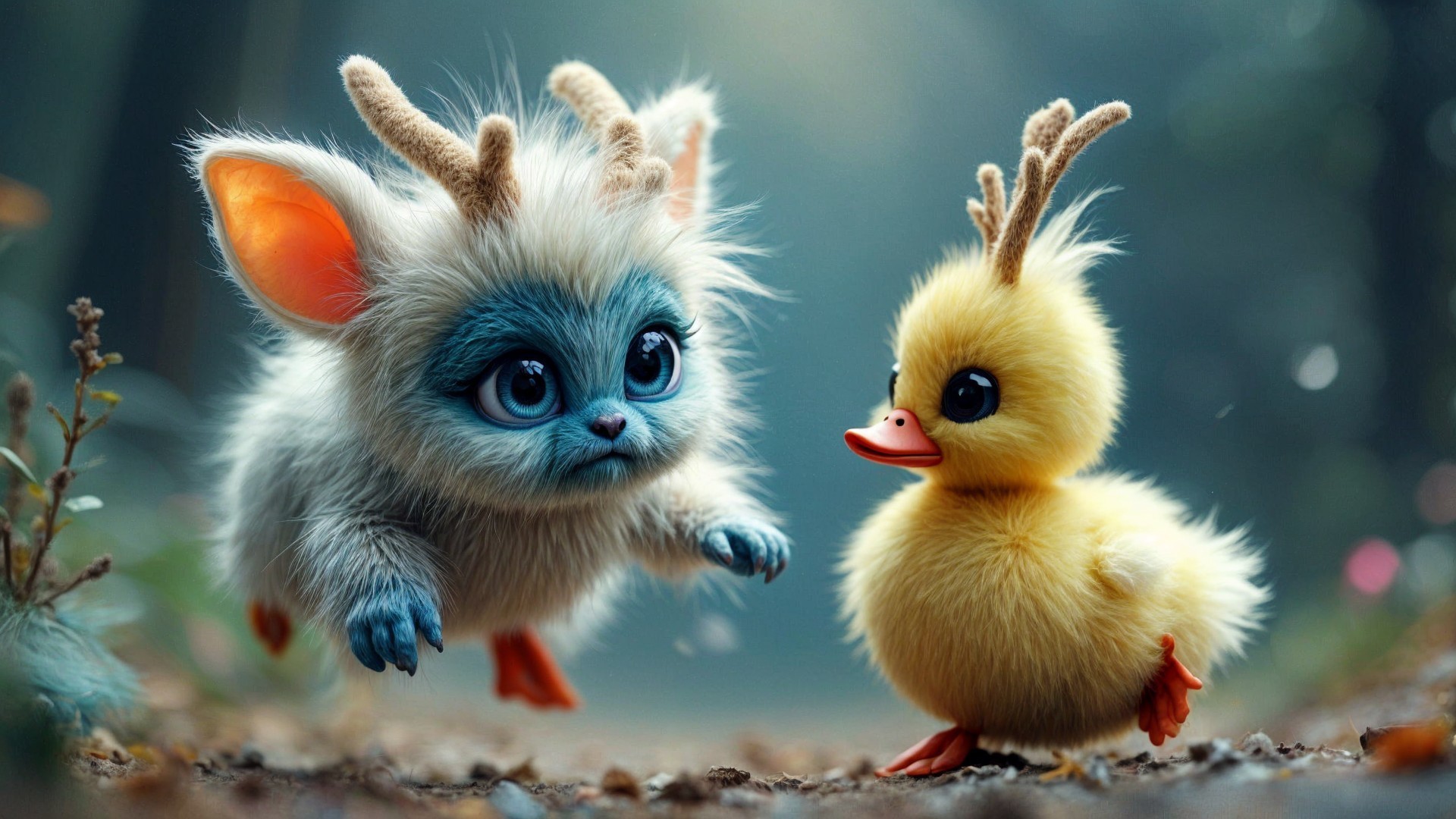 Whimsical Forest Scene with Blue Creature and Duckling