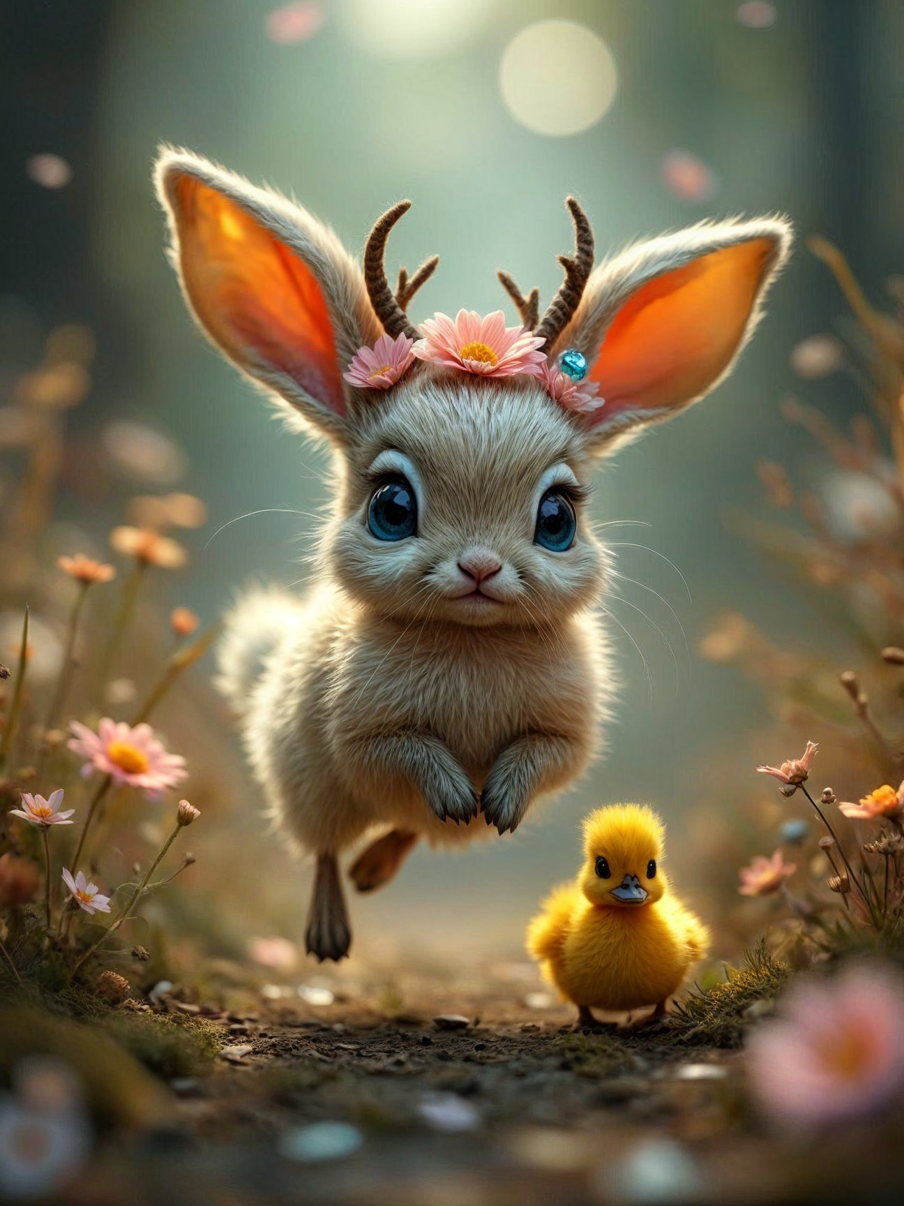 Whimsical Forest Scene with Bunny and Chick Companions