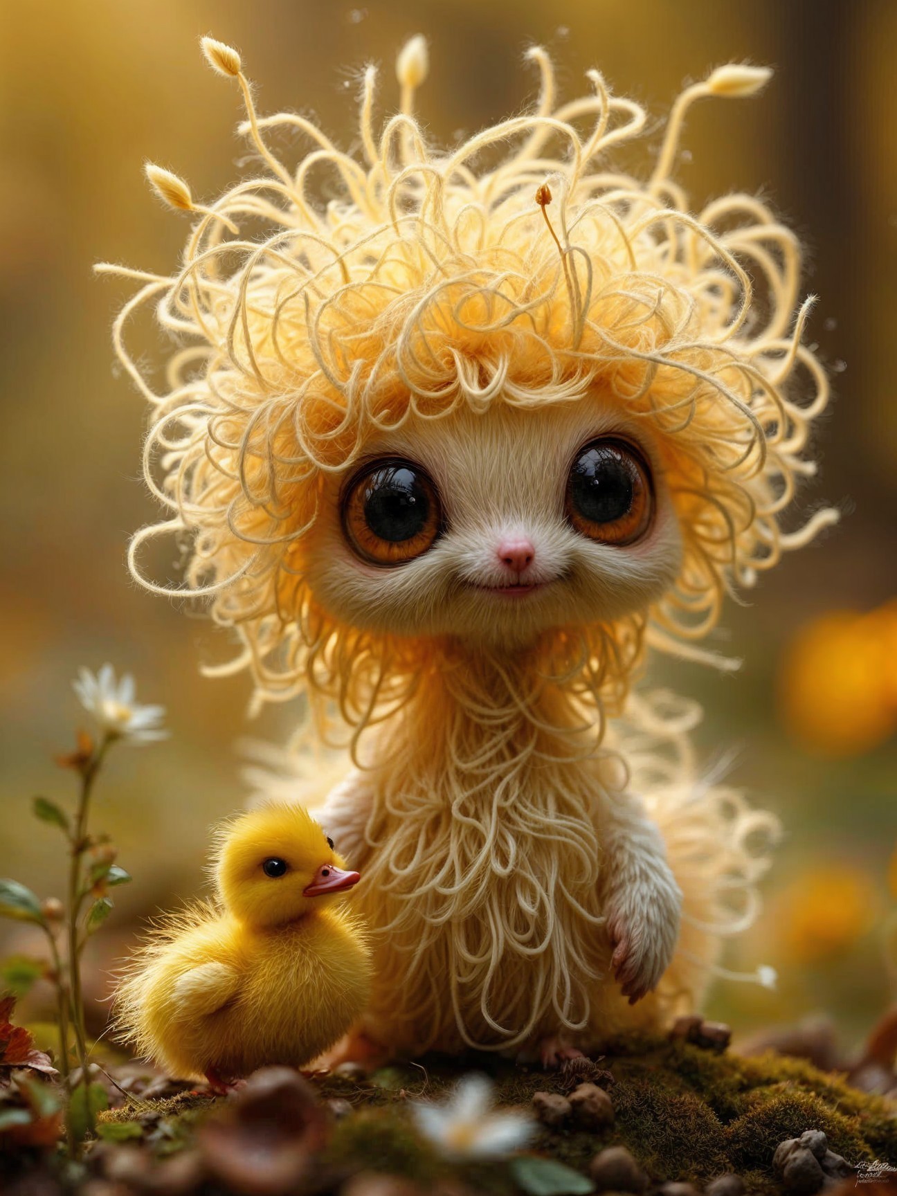 Whimsical Creature with Duckling in Floral Setting