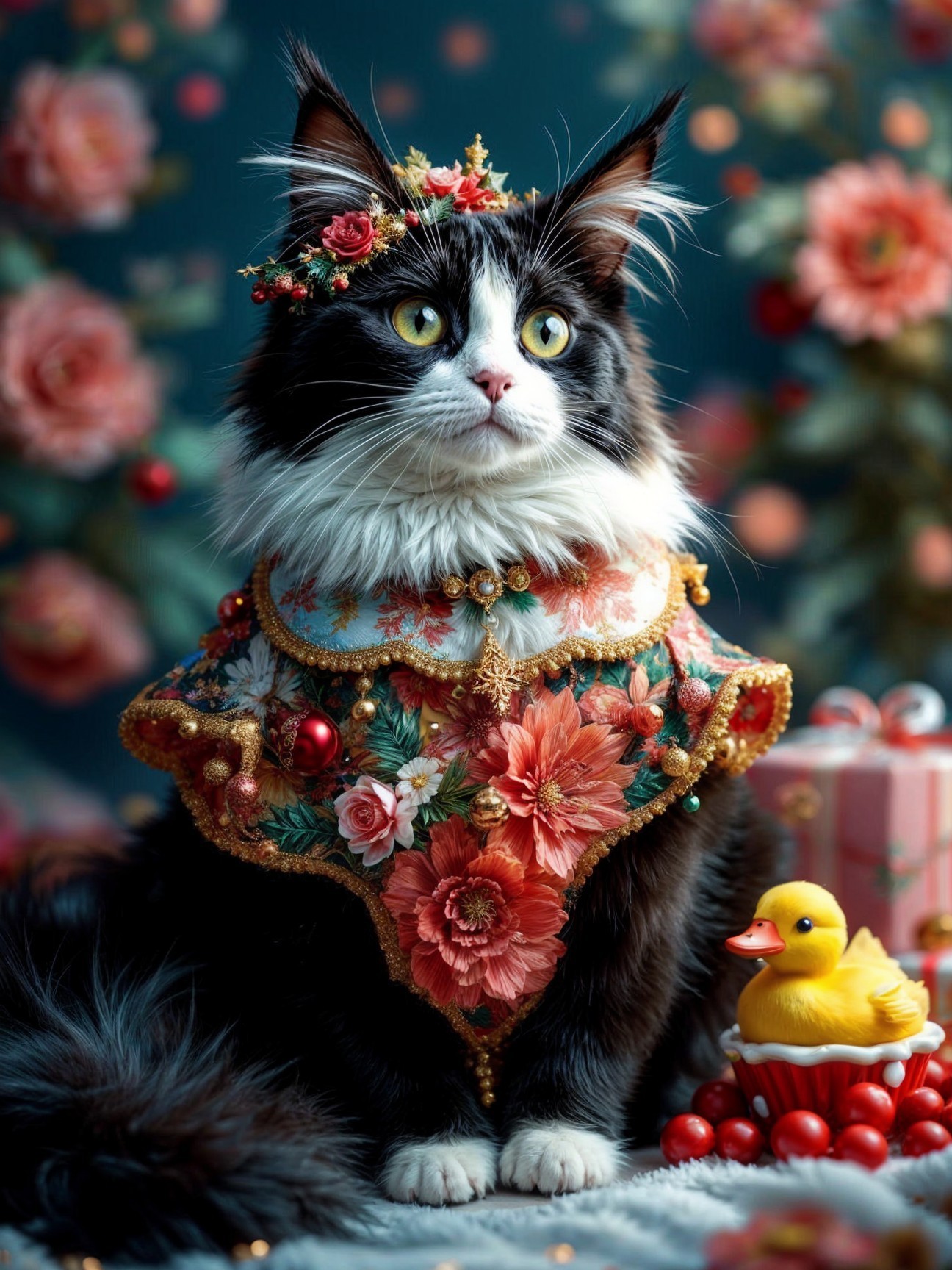 Maine Coon Cat with Floral Backdrop and Playful Elements