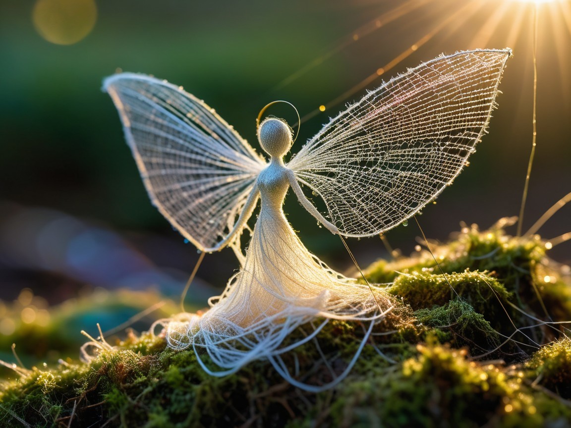 Delicate Fairy Figure with Intricate Wings in Sunlight