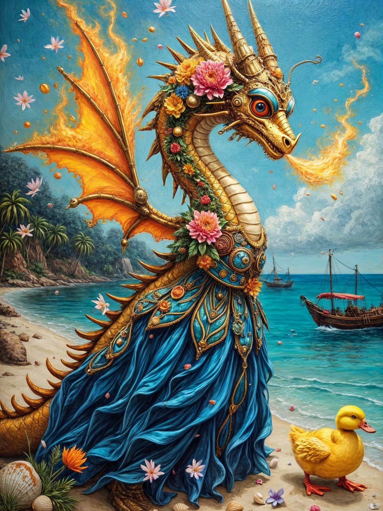 Majestic dragon with flowers on a sandy beach scene