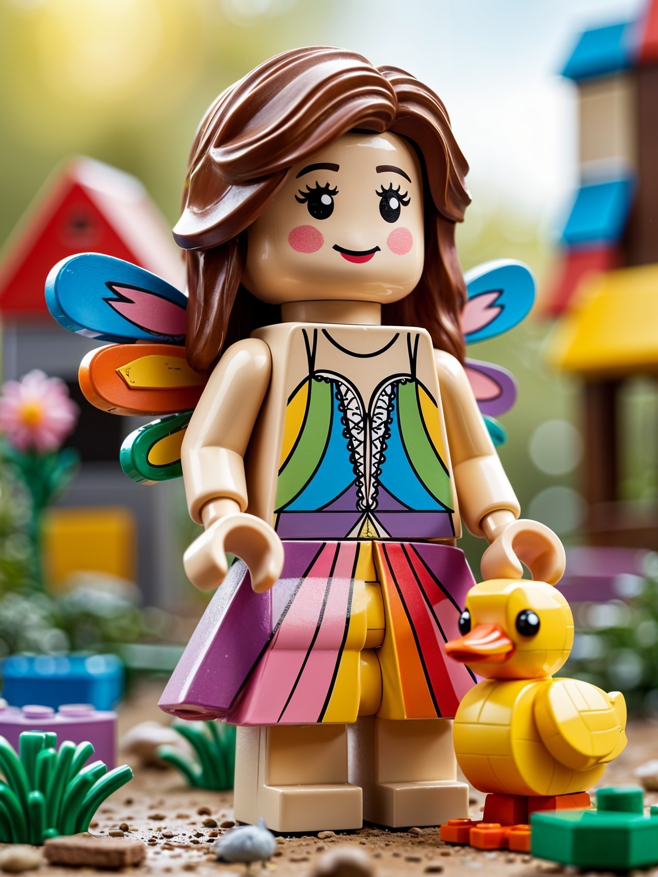 Colorful LEGO Fairy Figure with Rainbow Wings in Garden