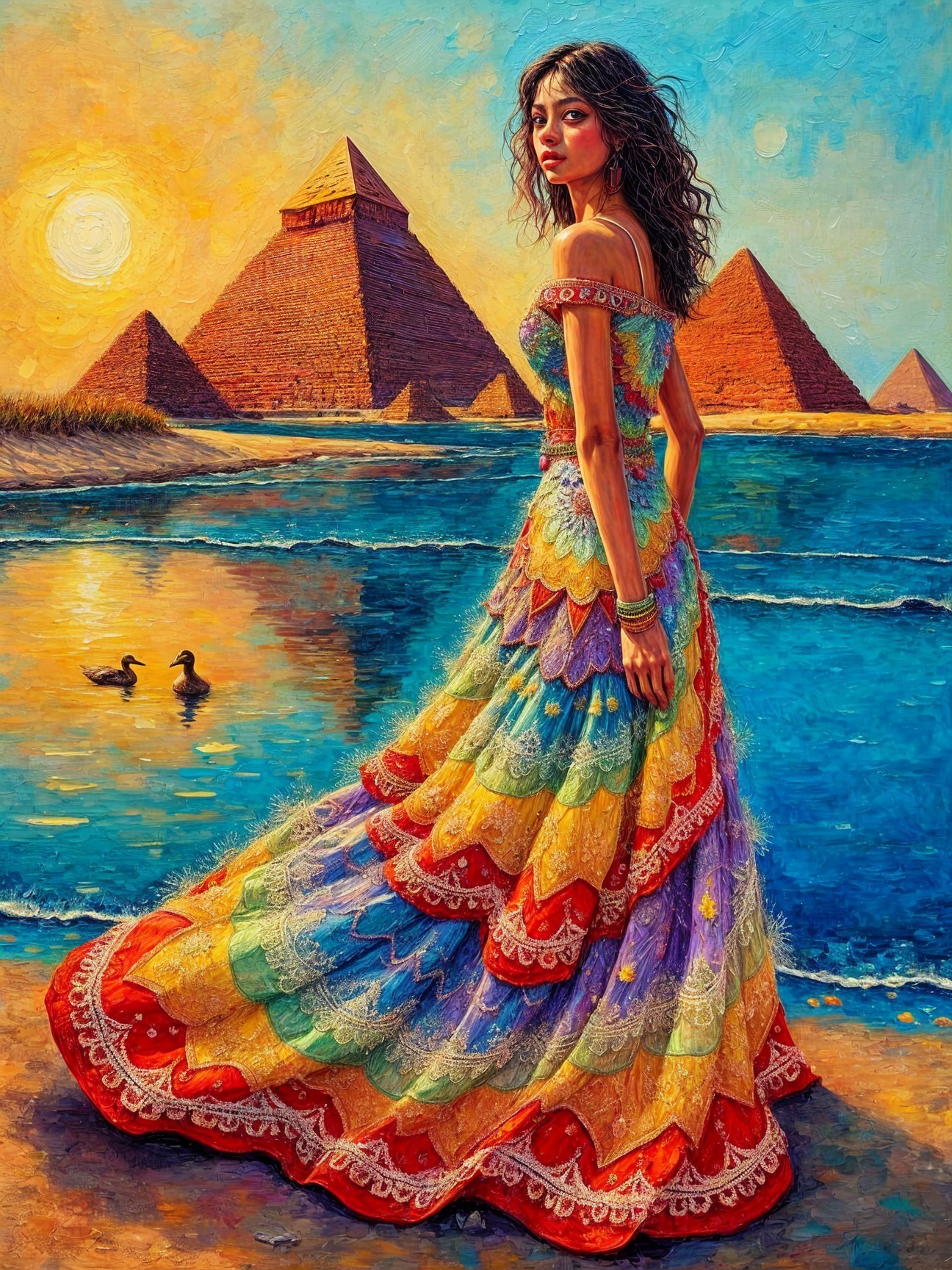 Vibrant Painting of Woman by Water with Pyramids
